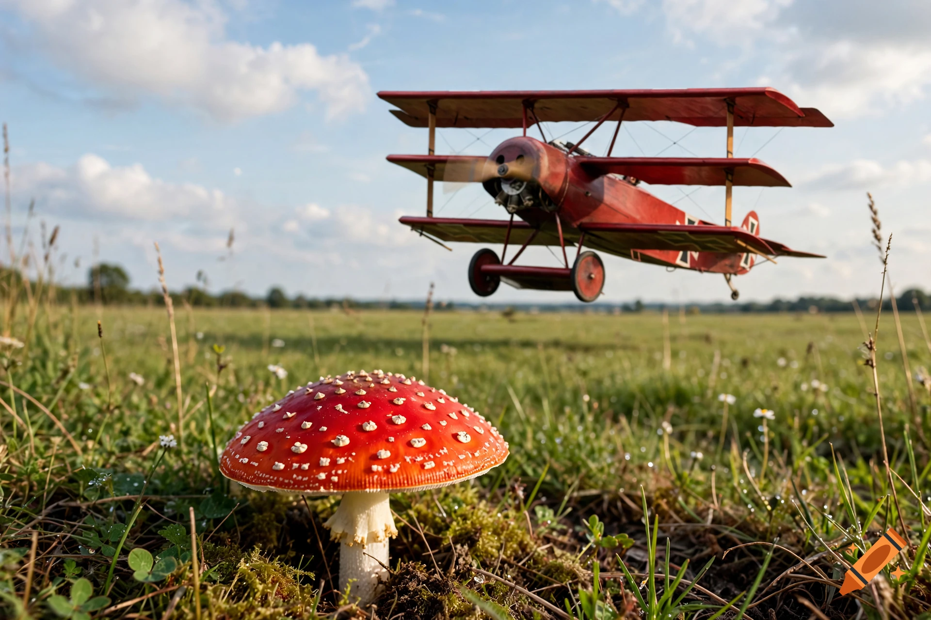 Photorealistic image of a giant red and white fly agaric mushroom in a green field with a vintage red triplane flying overhead.