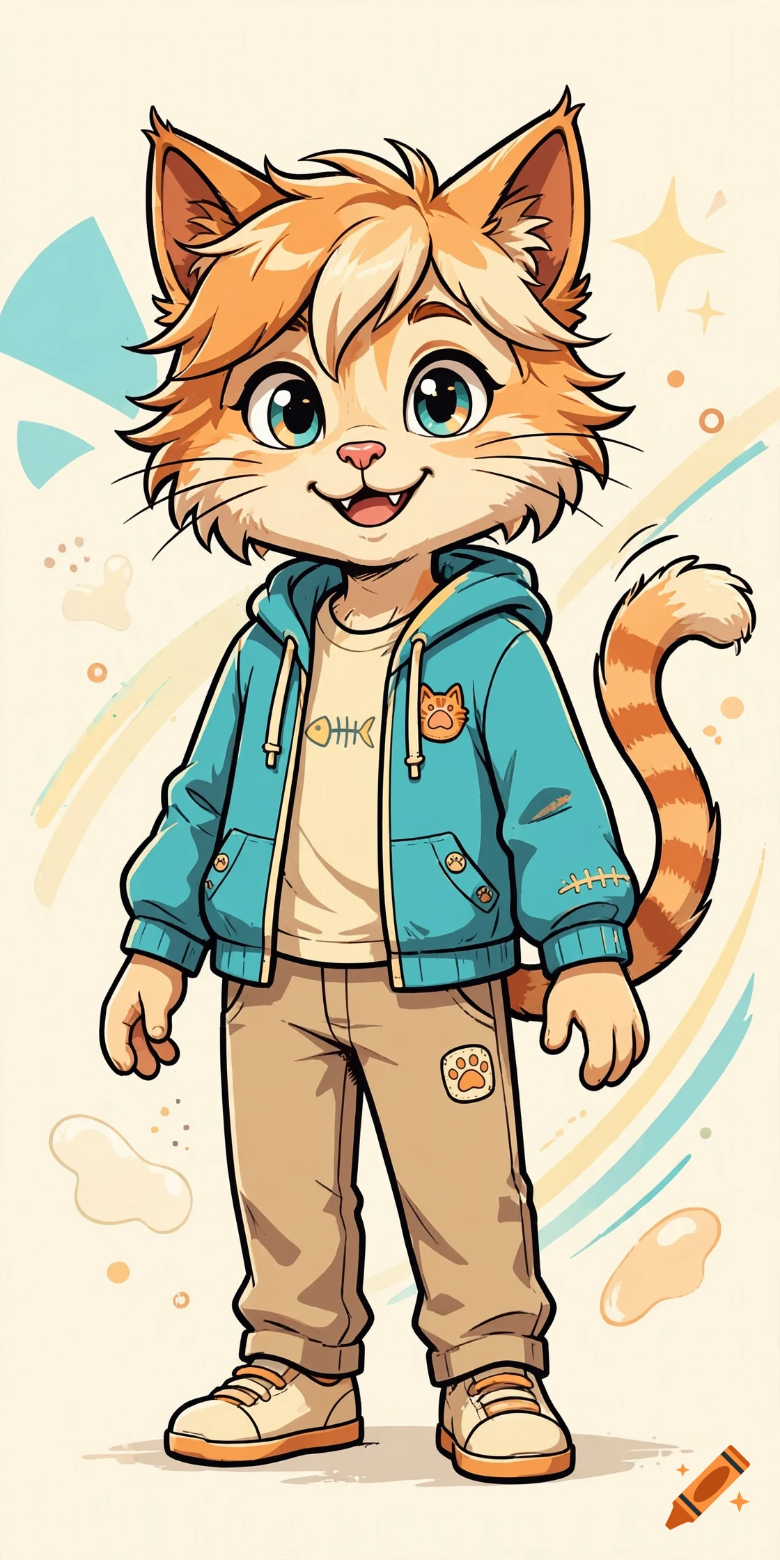 An anthropomorphic orange cat wearing a blue hoodie, beige pants, and sneakers, standing against a light-colored background with abstract shapes.