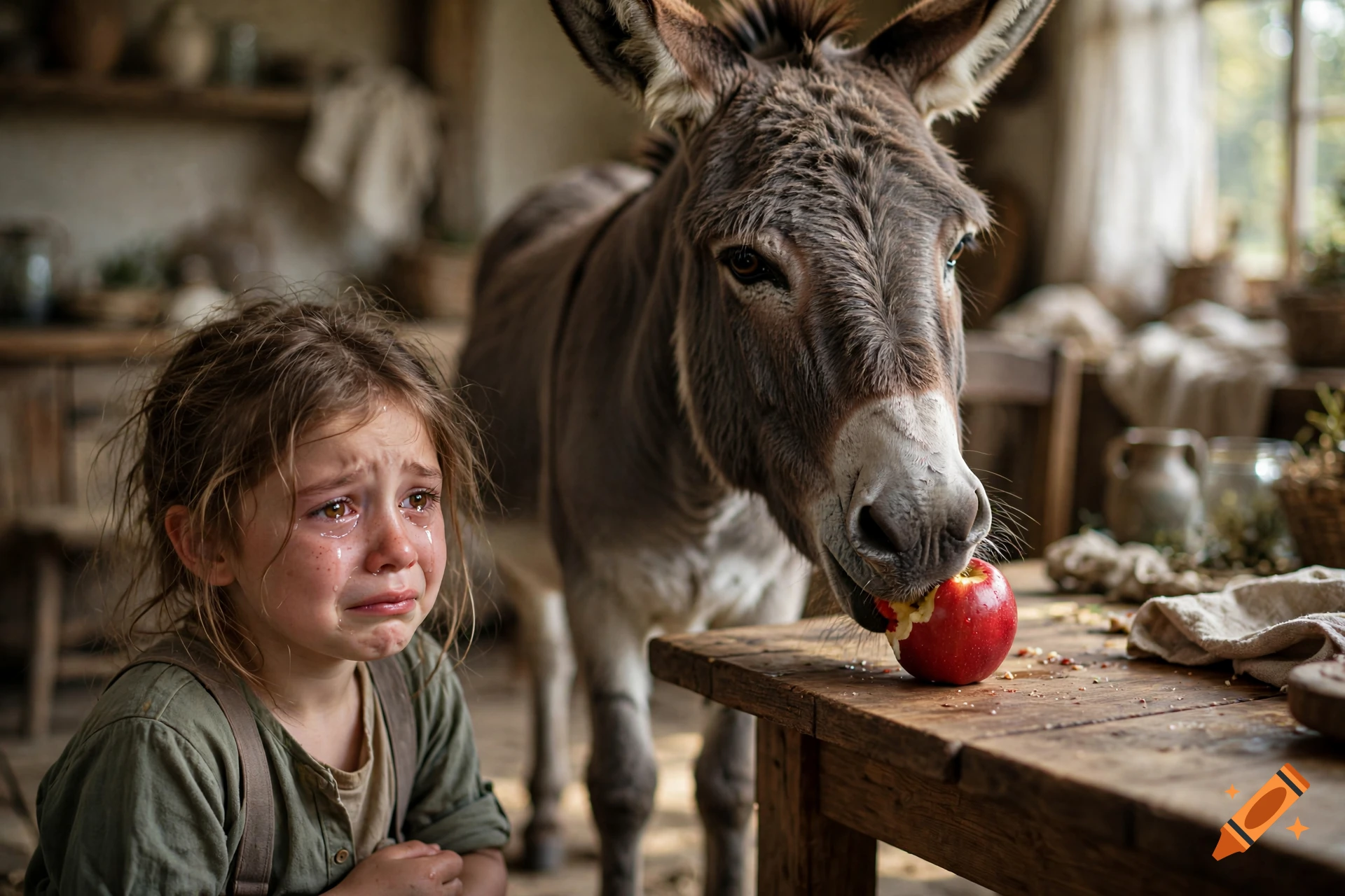 Photorealistic scene of a donkey eating an apple off a wooden table while a young girl cries.