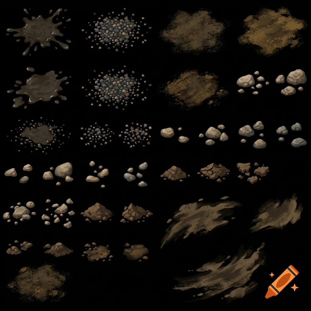 A collection of digital art assets depicting various types of dirt, mud splatters, small stones, pebbles, and rock piles against a black background.