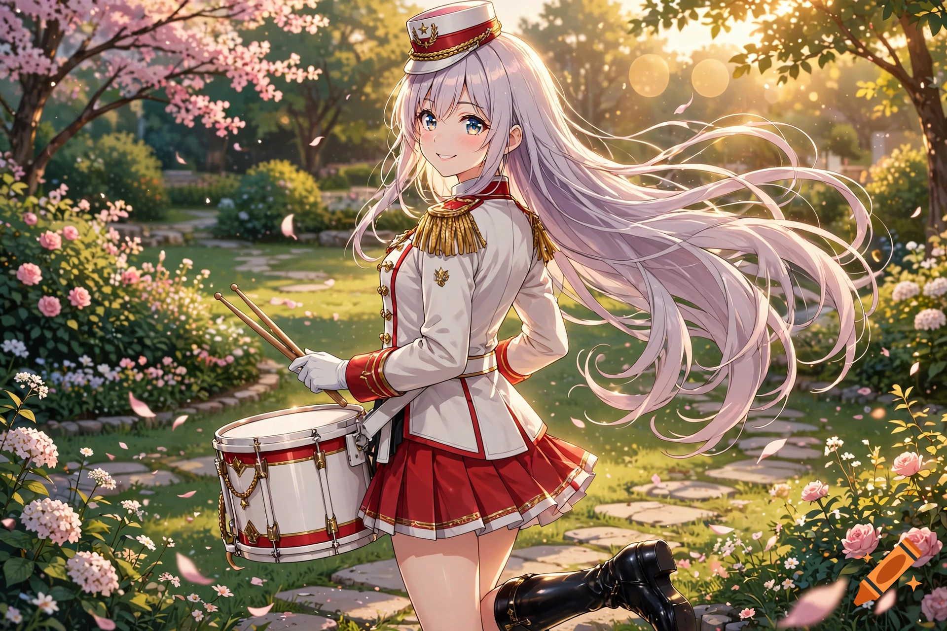 An anime-style girl with long white hair wearing a marching band uniform holds drumsticks and a drum in a sunny garden with flowers.