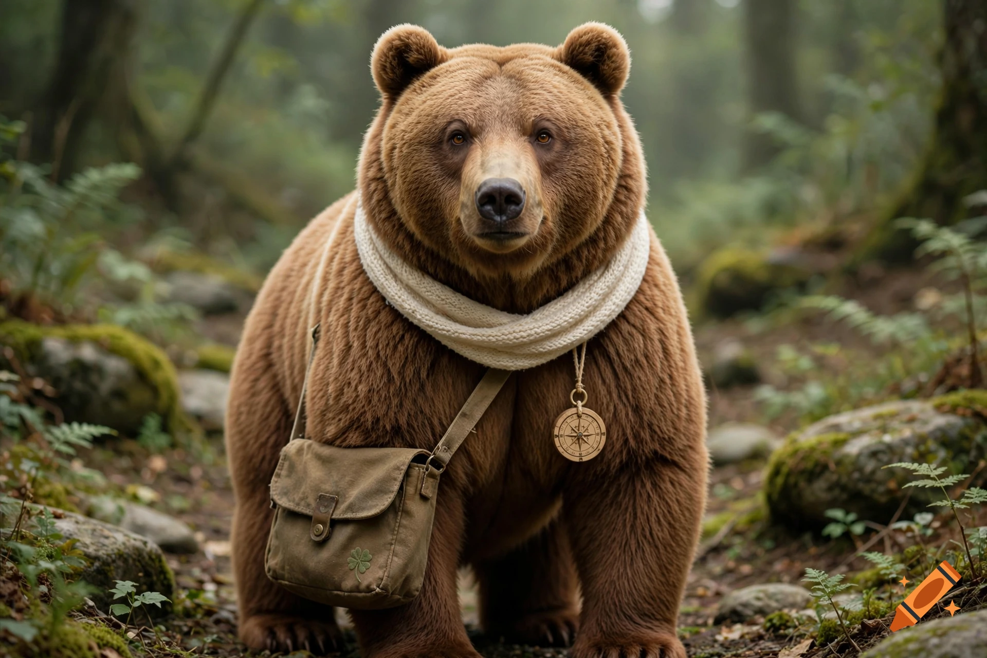 Photorealistic large brown bear wearing a knitted white scarf and a small satchel with a compass pendant, standing in a forest.