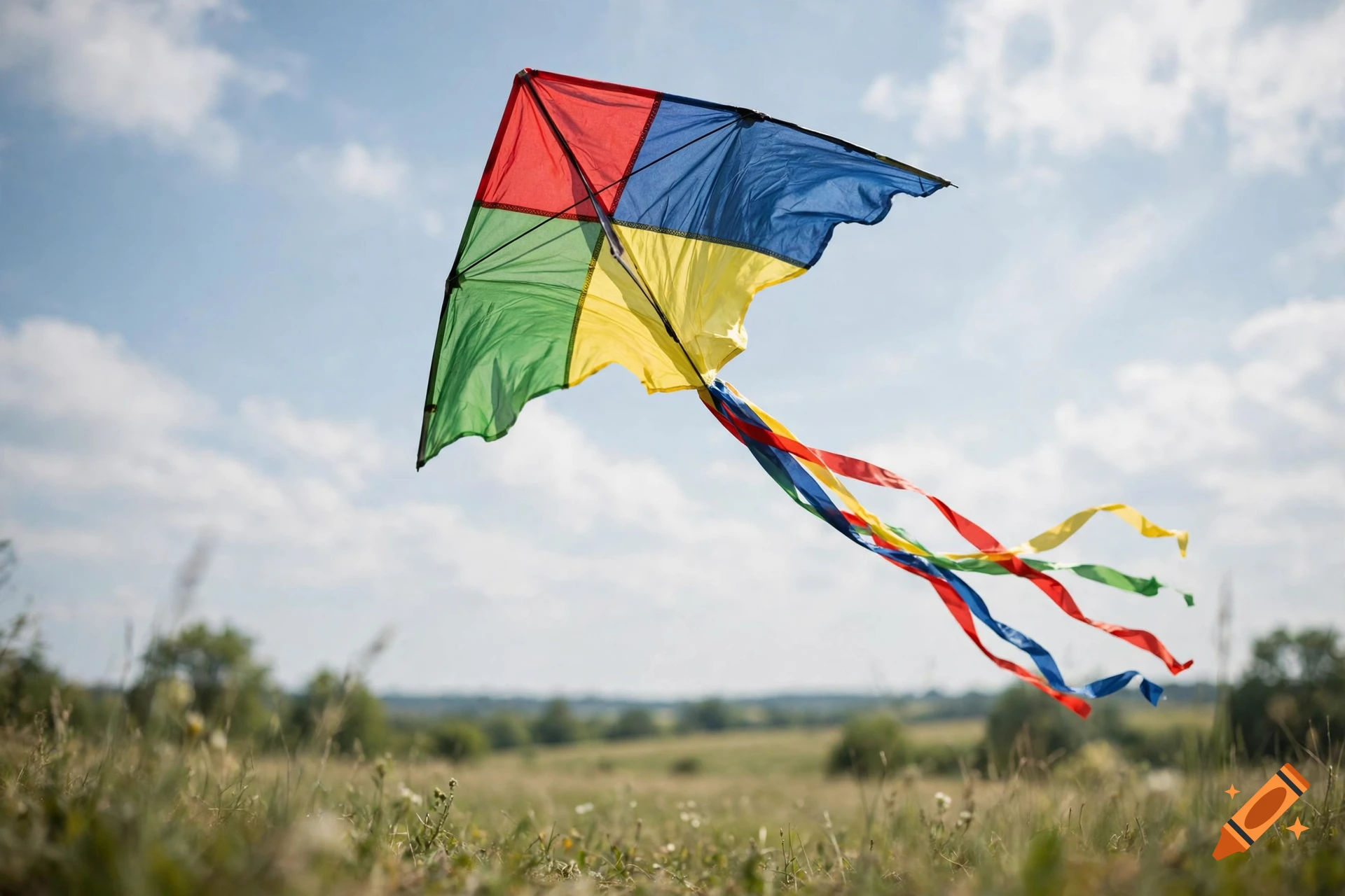 A colorful red, blue, green, and yellow kite flies in the air over a grassy field under a cloudy sky.