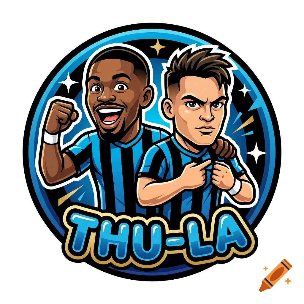 Cartoon mascot logo of two soccer players celebrating inside a blue circle, with the text THU-LA at the bottom.