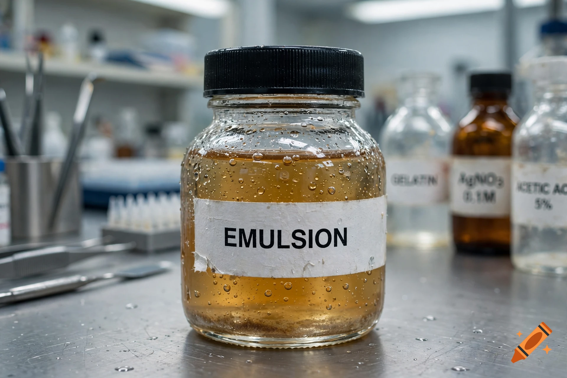 A glass jar labeled EMULSION filled with an amber-colored liquid containing small bubbles, placed on a stainless steel laboratory table surrounded by other chemical bottles.