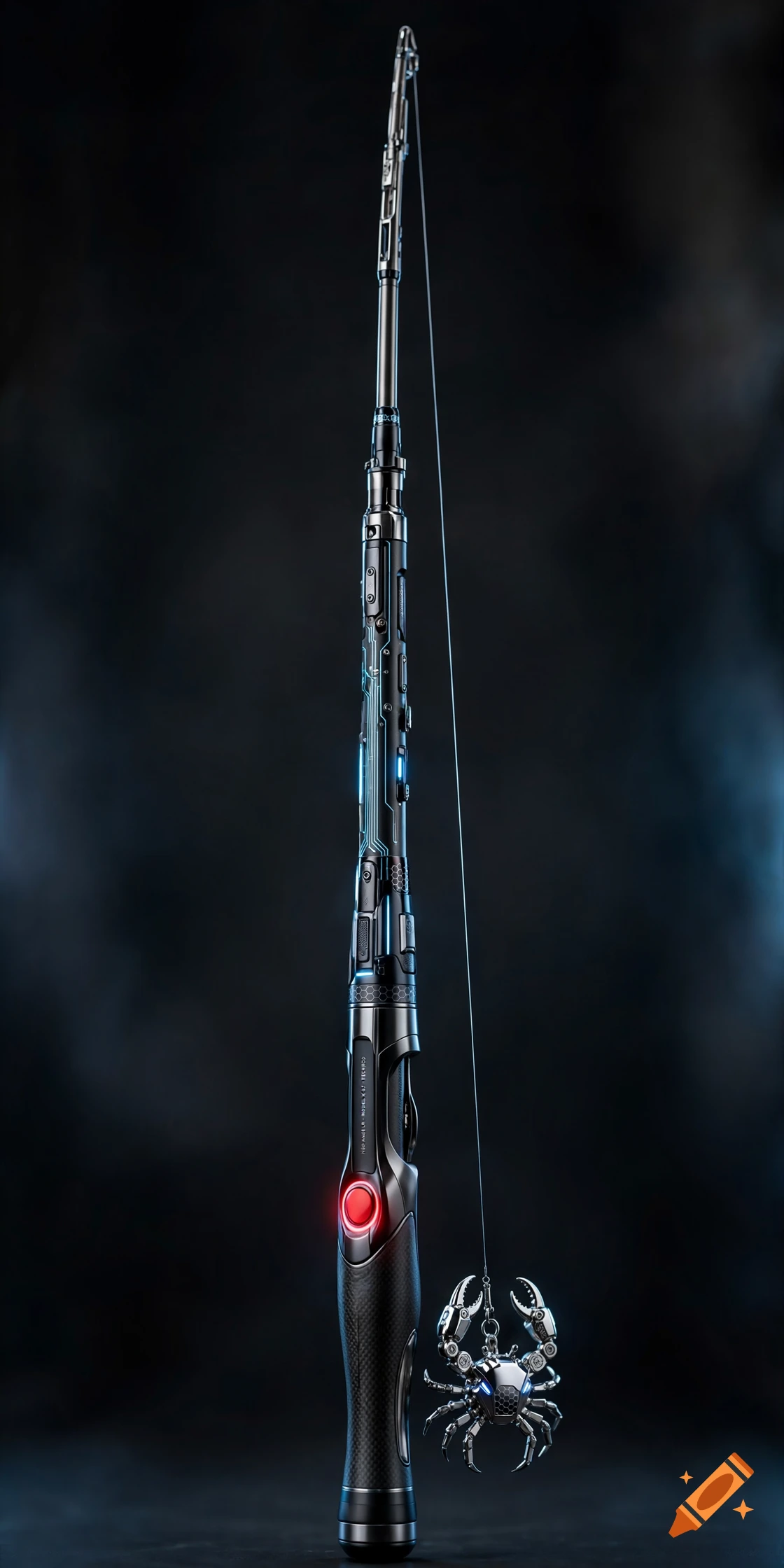 Futuristic black metallic fishing rod with a glowing red button and a robotic metal crab hanging on the line, against a dark background.