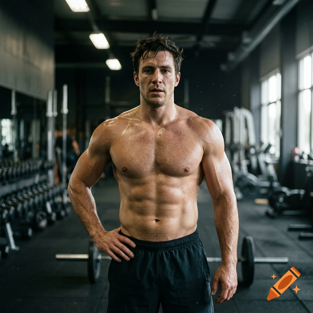 Photorealistic image of a sweaty, muscular man standing in a gym with weights in the background.