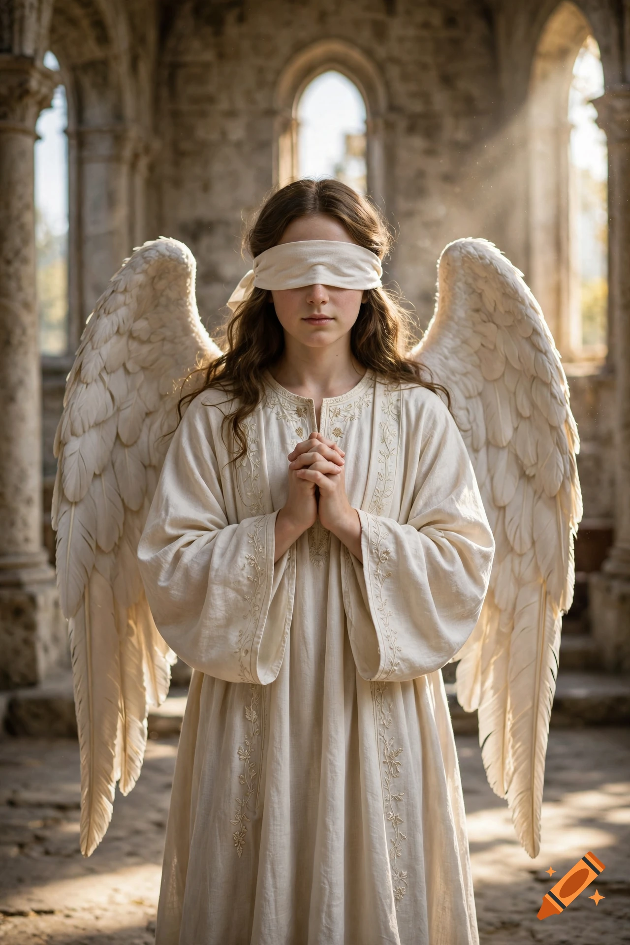 Photorealistic portrait of a young angel with a blindfold over her eyes and large white wings, standing in a ruined stone building.