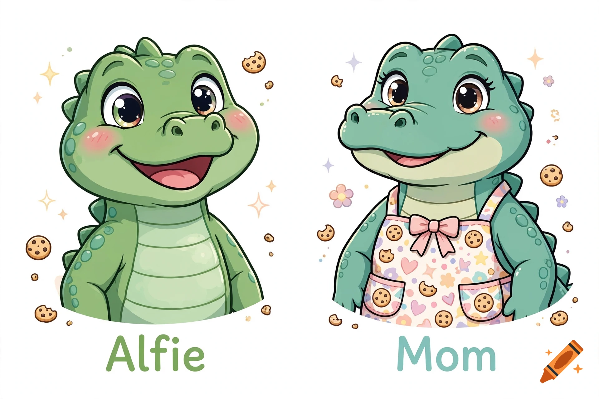Clip art illustration of two smiling green alligators, Alfie and Mom, surrounded by cookies and sparkles.