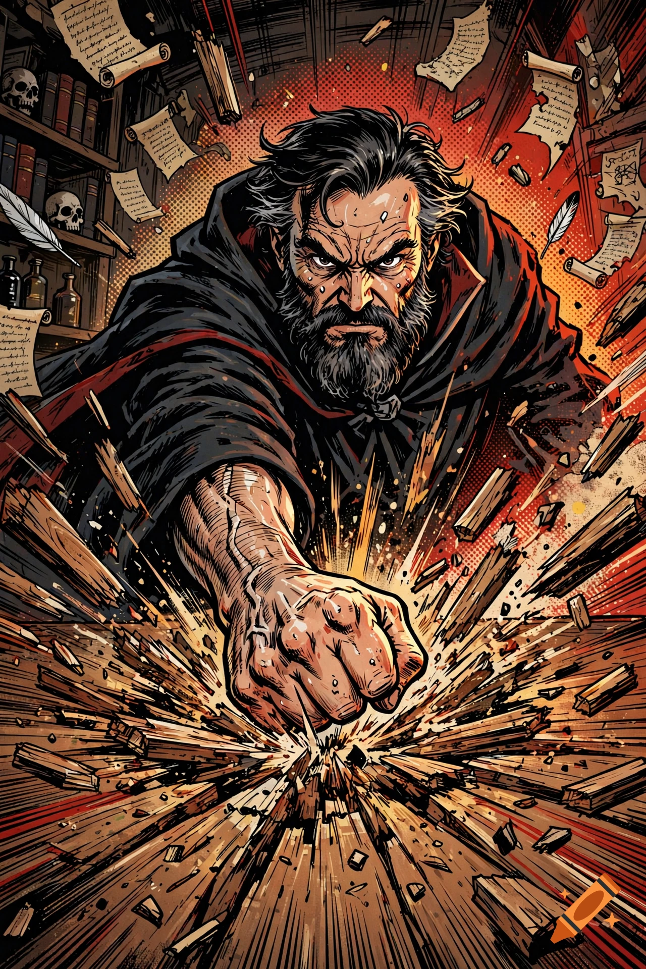 Comic book style illustration of a bearded man angrily slamming his fist onto a wooden table, shattering it.