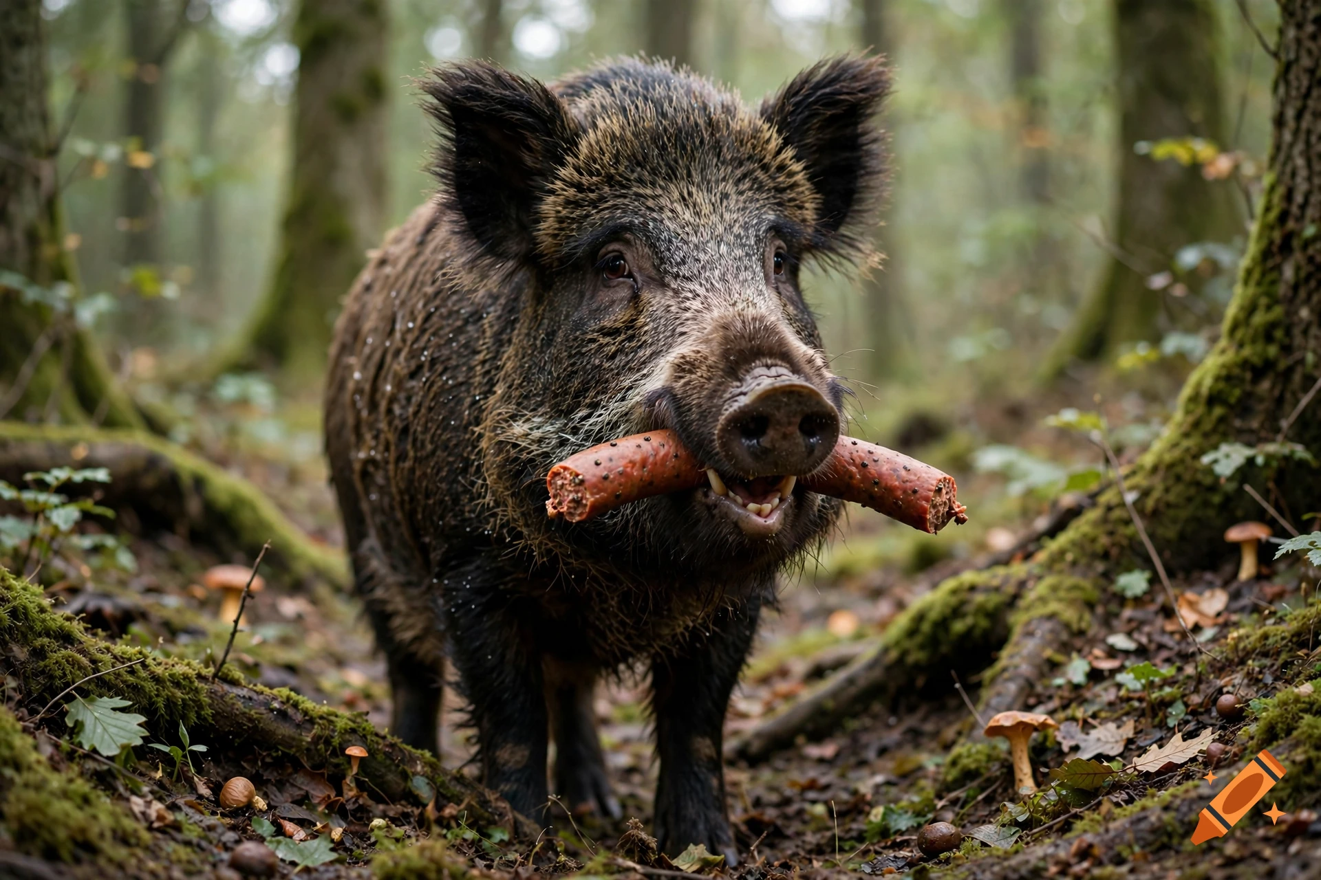 Photorealistic image of a wild boar standing in a forest, holding a sausage in its mouth.