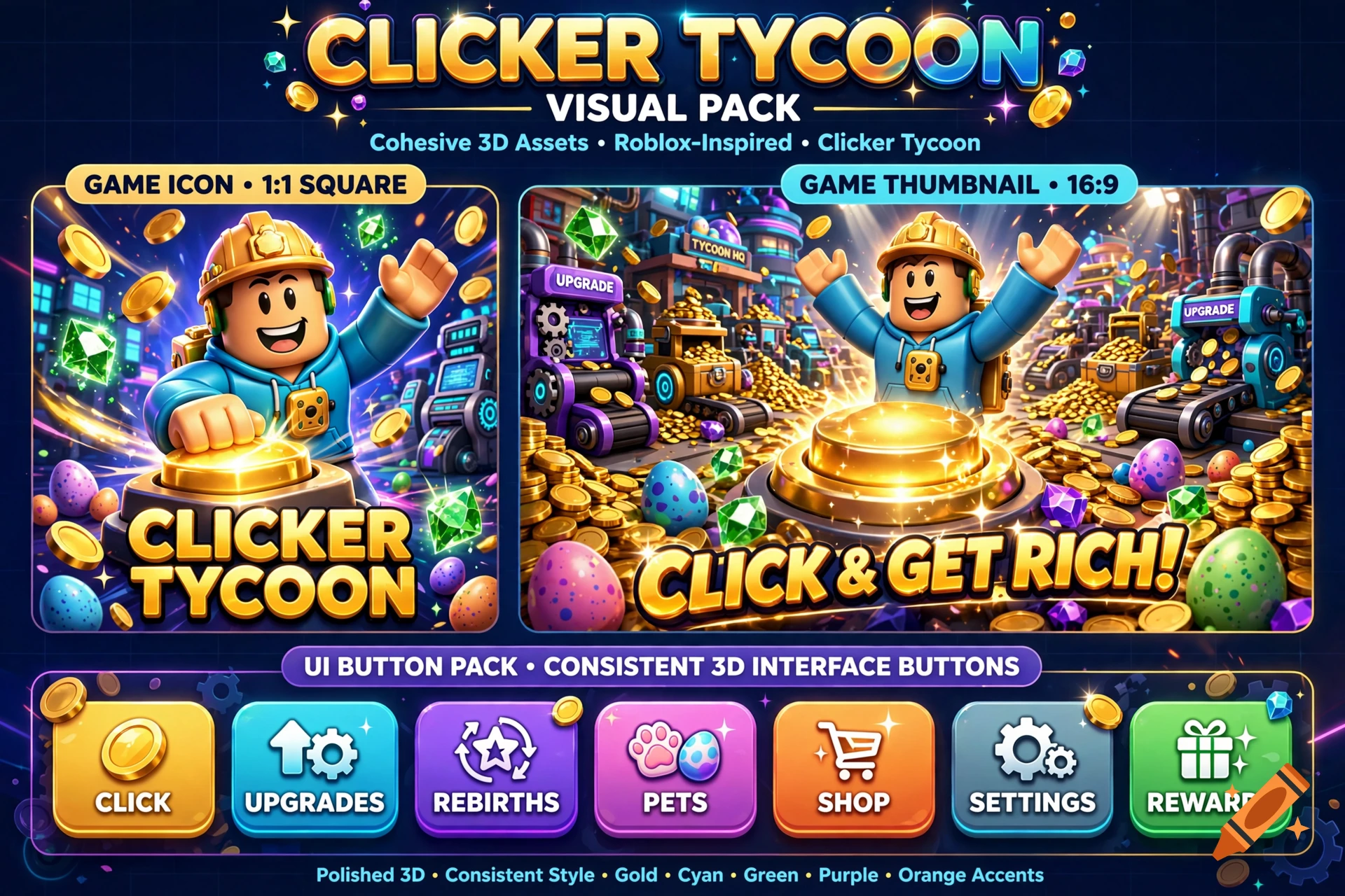 Roblox-inspired game promotional assets for Clicker Tycoon showing a 3D character, buttons, and UI elements.