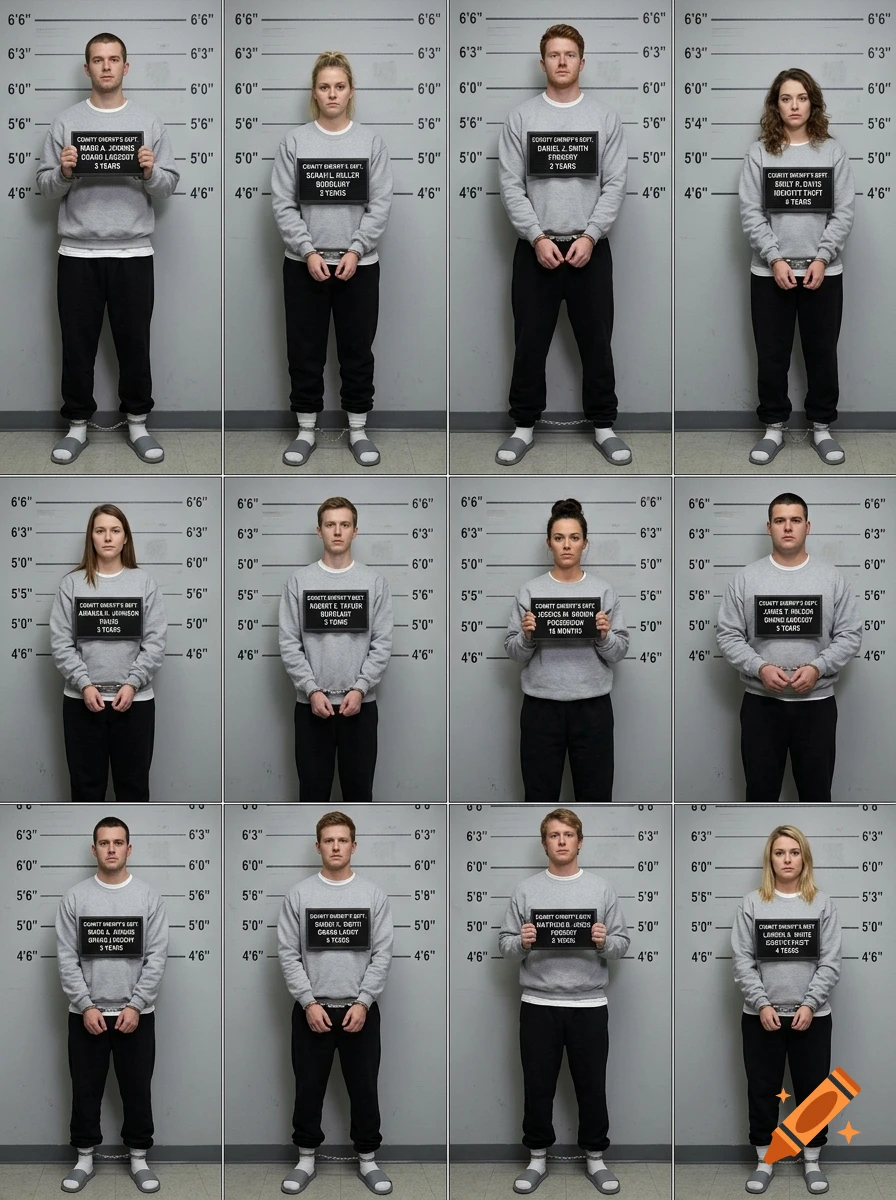 Photorealistic composite grid showing multiple full-body police mugshots of diverse individuals holding arrest placards.