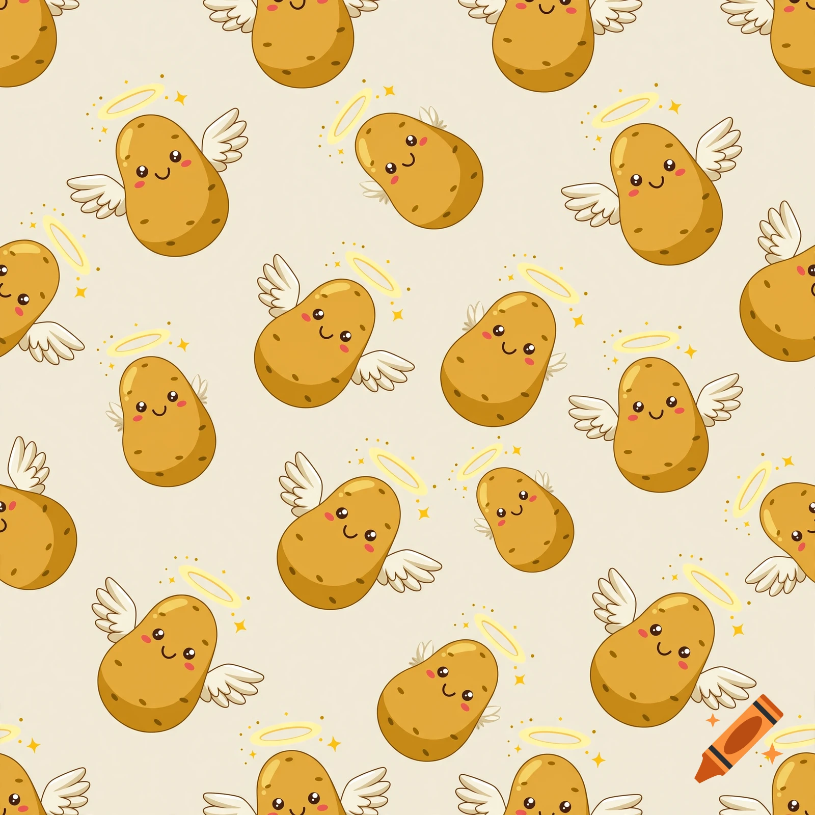 A seamless cartoon pattern of cute smiling potatoes with white angel wings and halos on a beige background.