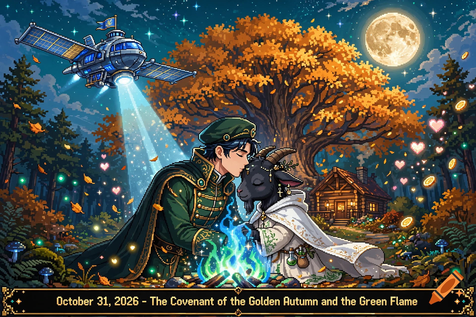 Pixel art scene of a prince kissing a goat healer's forehead in front of a magical green flame and a cozy cabin at night.
