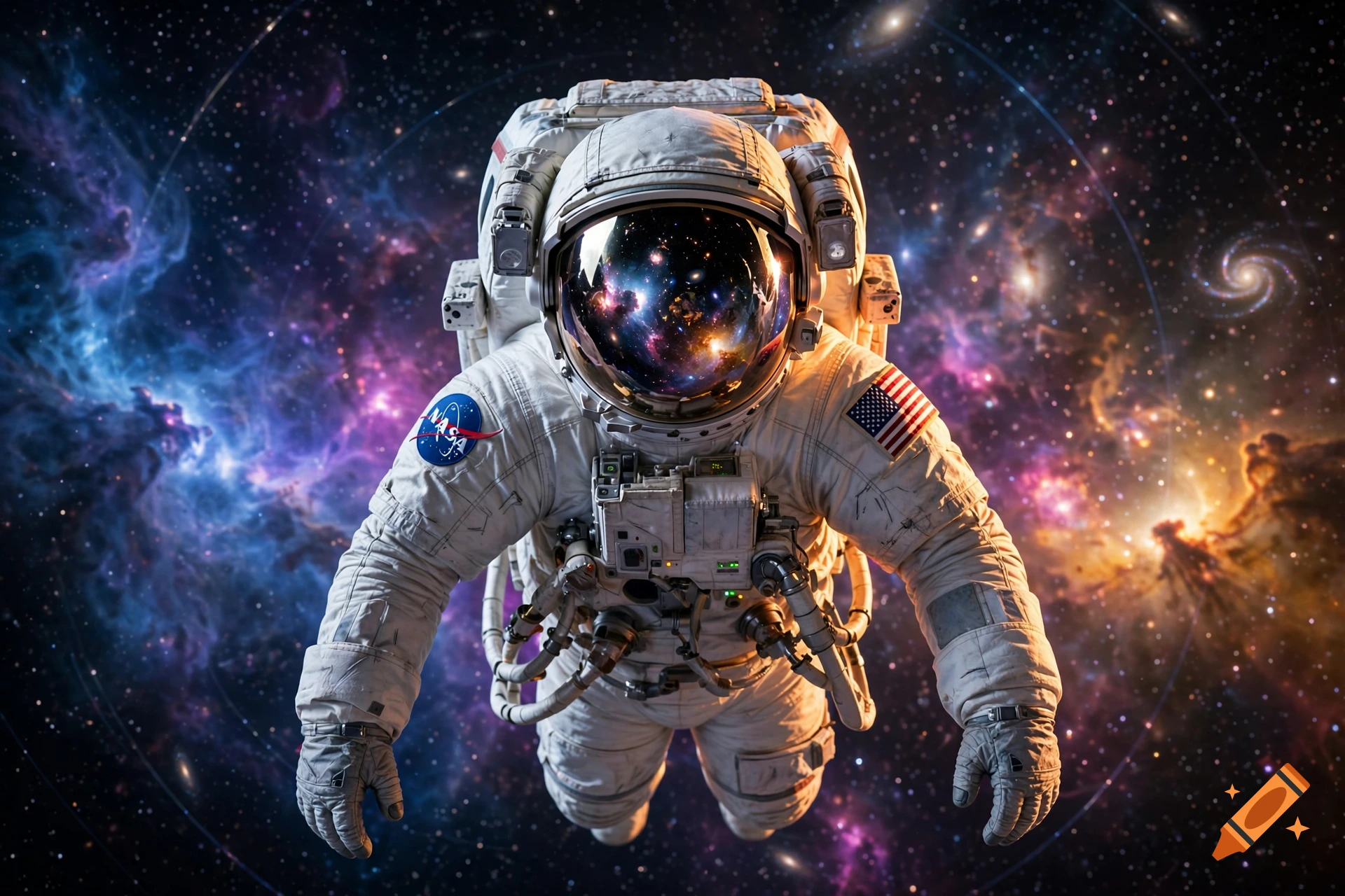 Photorealistic astronaut in a spacesuit floating in space against a colorful nebula background.