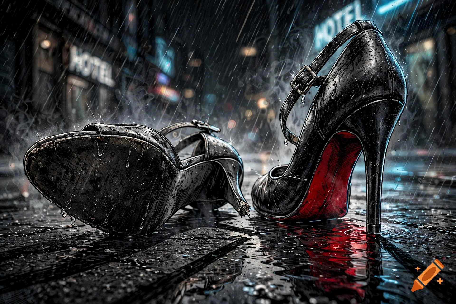 Sin City style noir art of black high-heeled shoes on rain-soaked asphalt with neon hotel signs in the background.