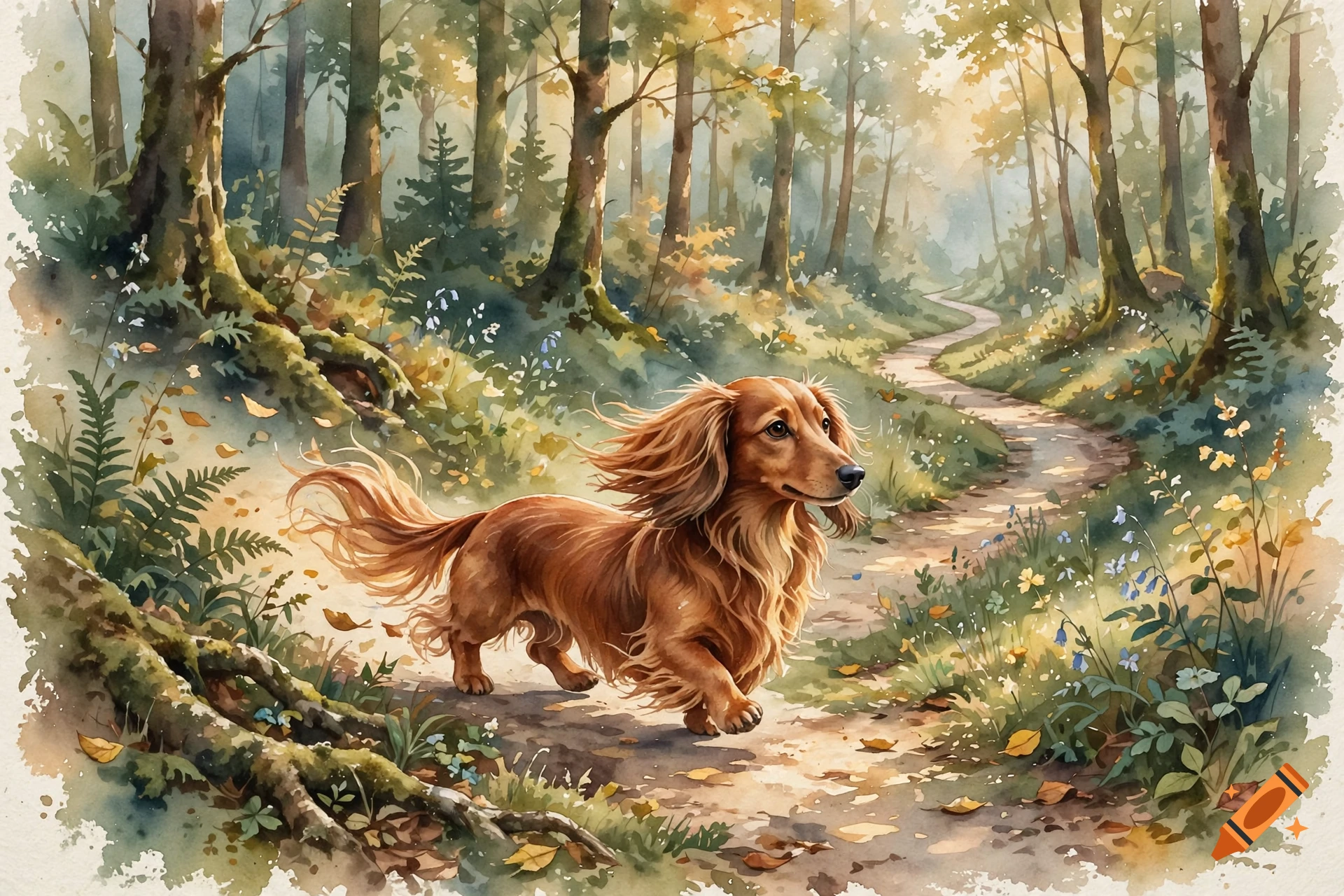 Watercolor painting of a long-haired red-brown dachshund running along a forest path.