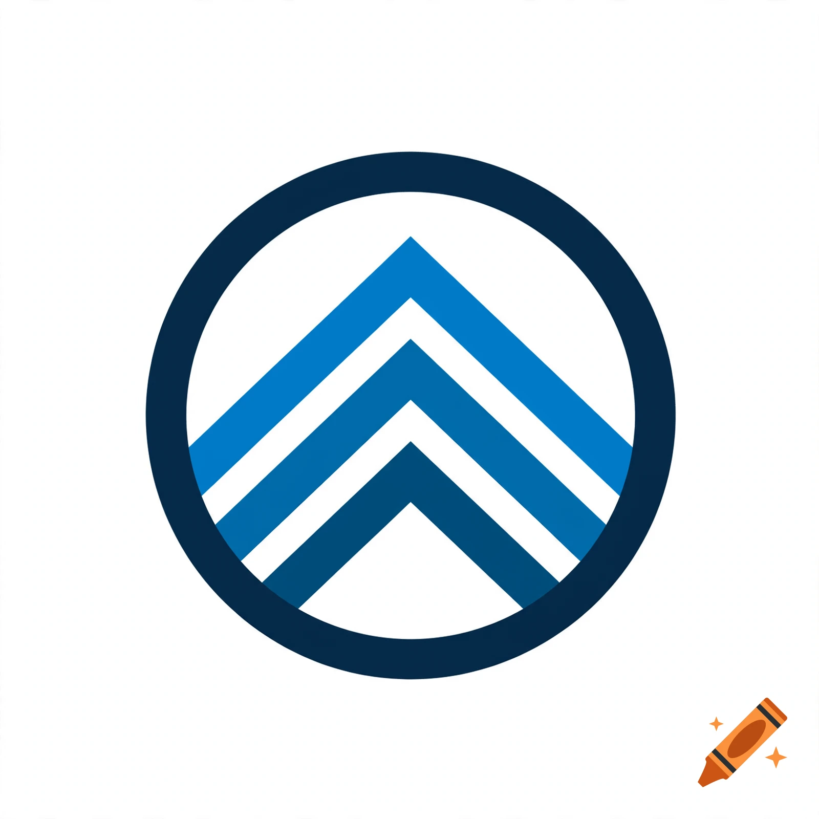 Minimalist blue and dark blue arrow chevrons inside a circle on a white background.