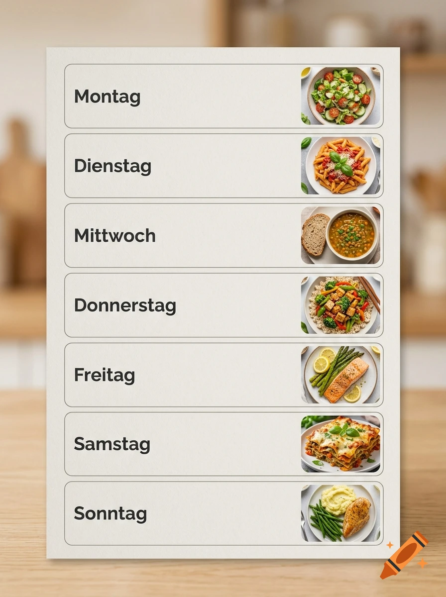 A weekly meal plan with German day names and corresponding food photos.
