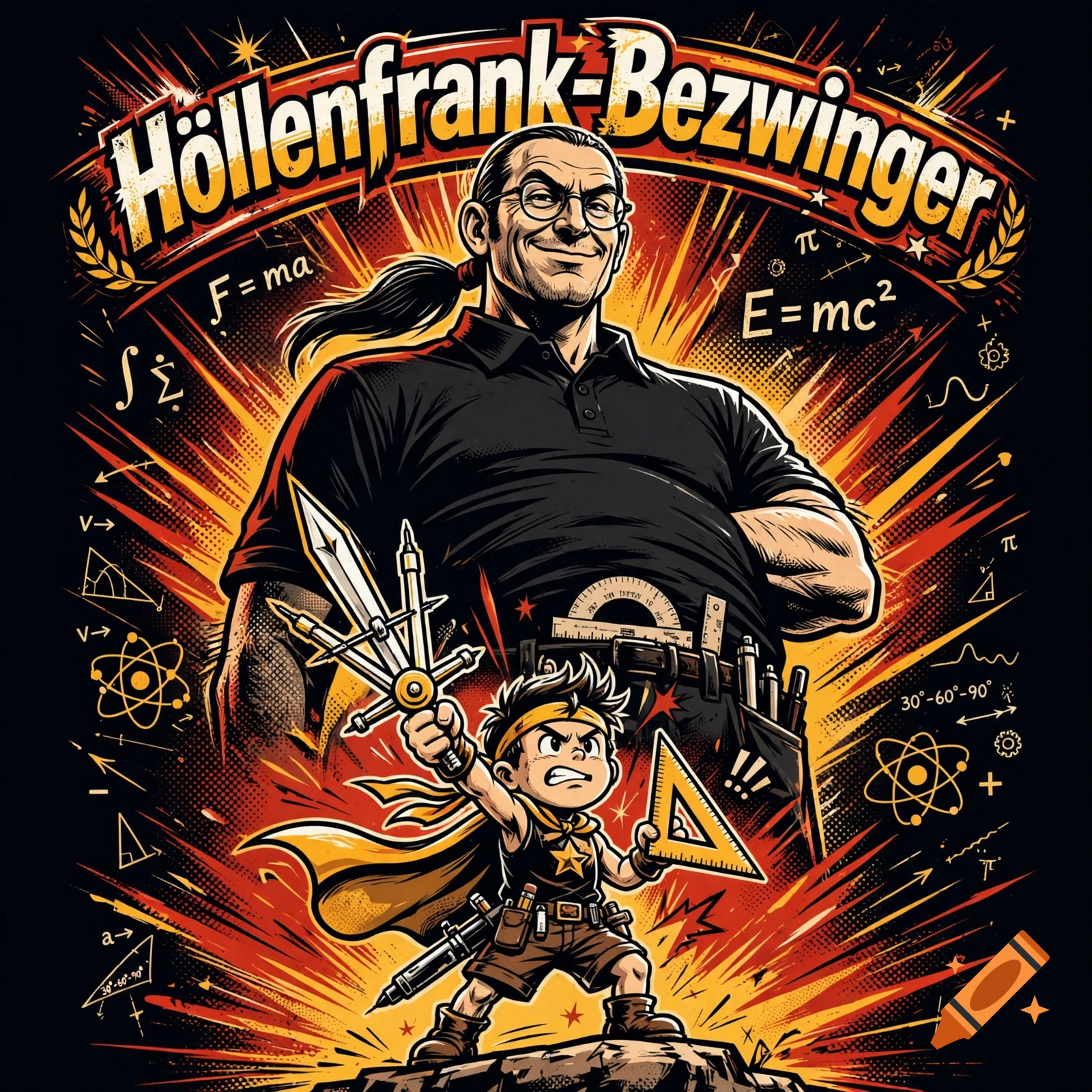 Cartoon t-shirt design of a small hero holding a compass and triangle facing a giant physics professor with math formulas in the background.