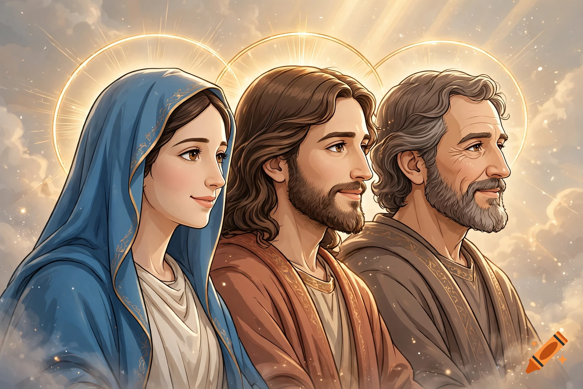 An illustrated portrait of the Virgin Mary, Jesus, and Saint Joseph from a 45-degree angle with glowing halos.