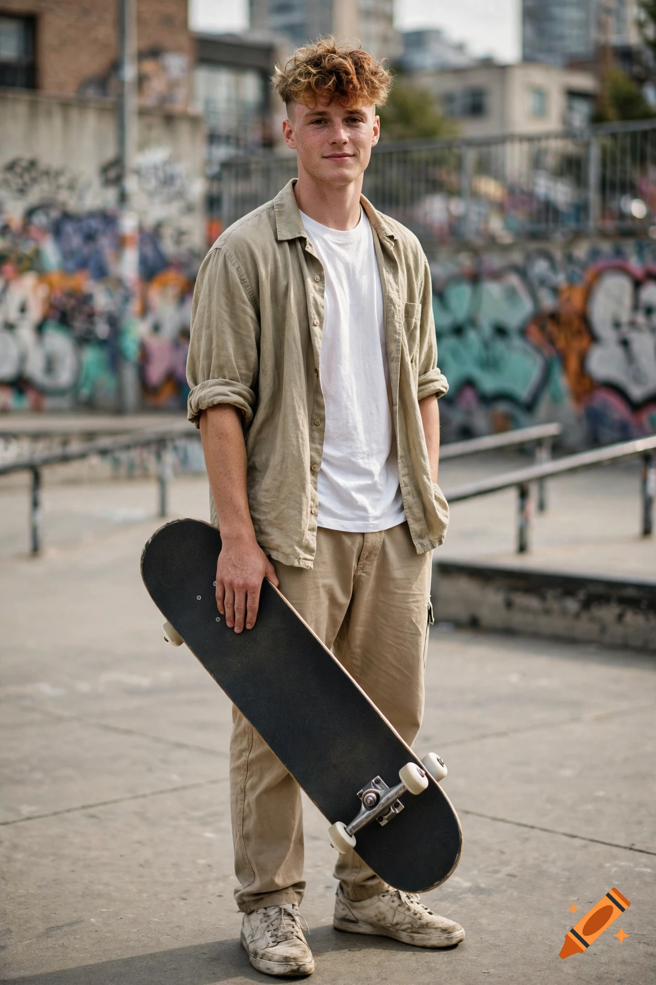 Photorealistic full-body shot of a young man with curly reddish-blonde hair holding a skateboard at an urban skatepark.