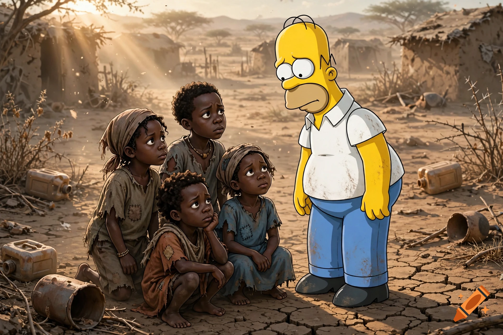 Homer Simpson standing in a dry, cracked landscape with four starving African children in a cartoon illustration style.