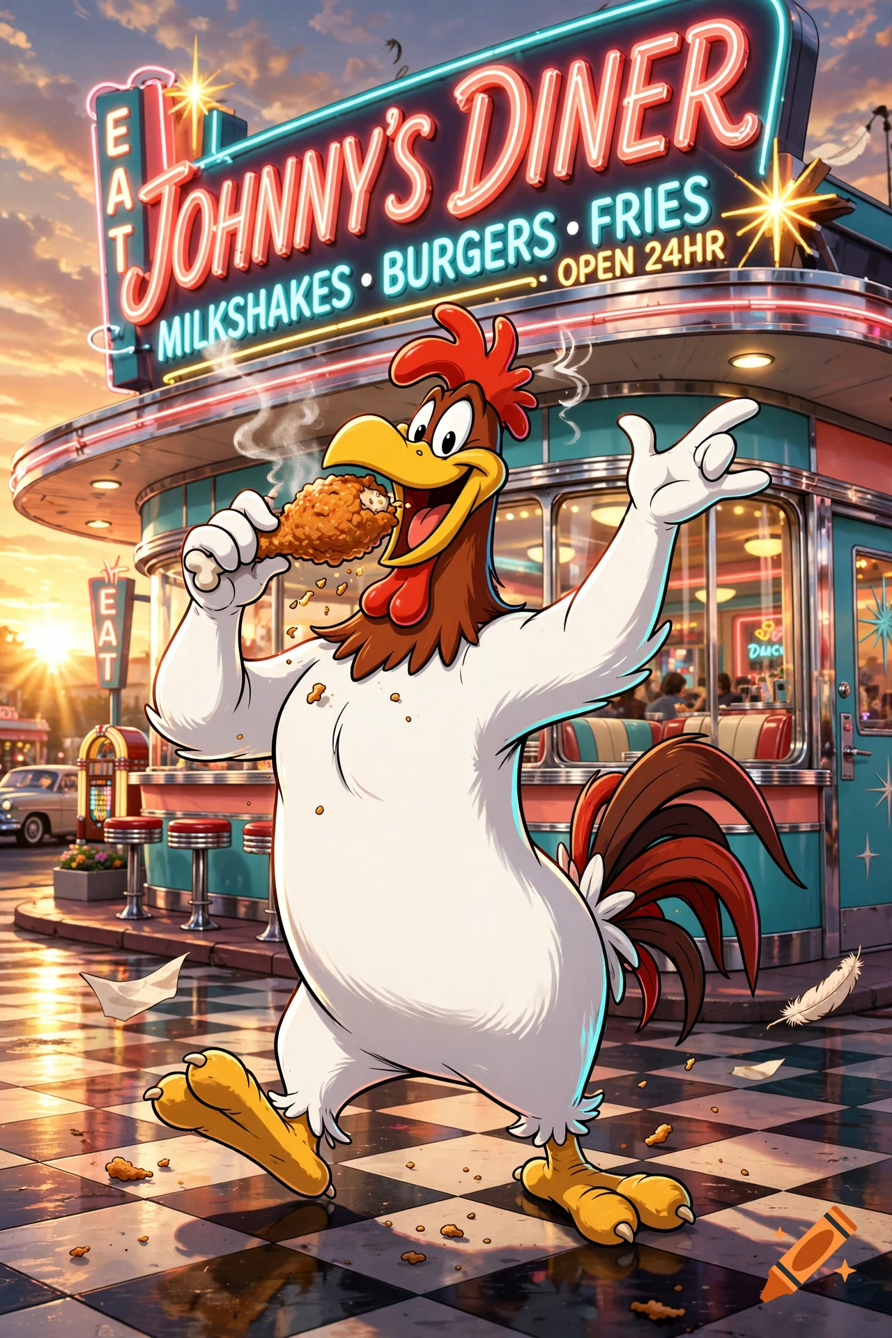 Animated rooster resembling Foghorn Leghorn eating a fried chicken drumstick outside a retro 1950s diner.