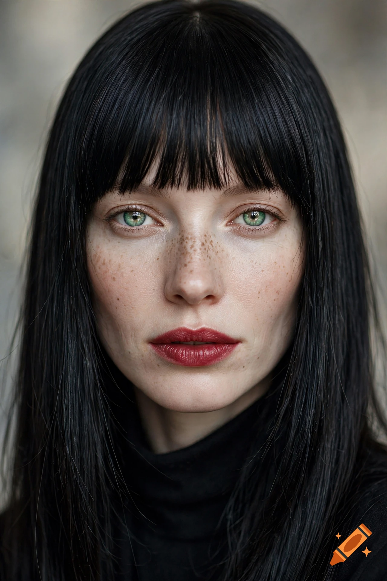 Close-up photorealistic portrait of a woman with jet-black hair, bangs, vivid green eyes, freckles, and ruby red lips.