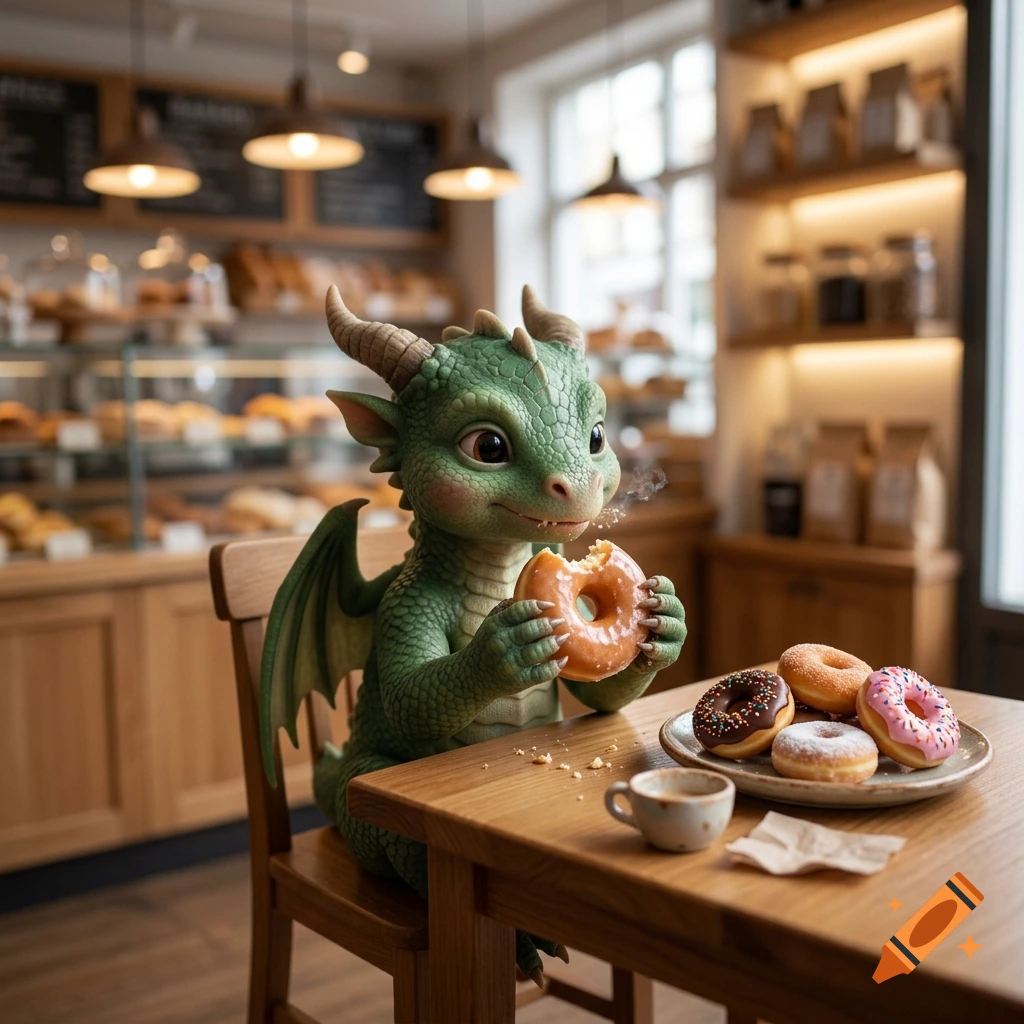 Photorealistic image of a cute green baby dragon sitting at a wooden table in a bakery, eating a glazed donut.