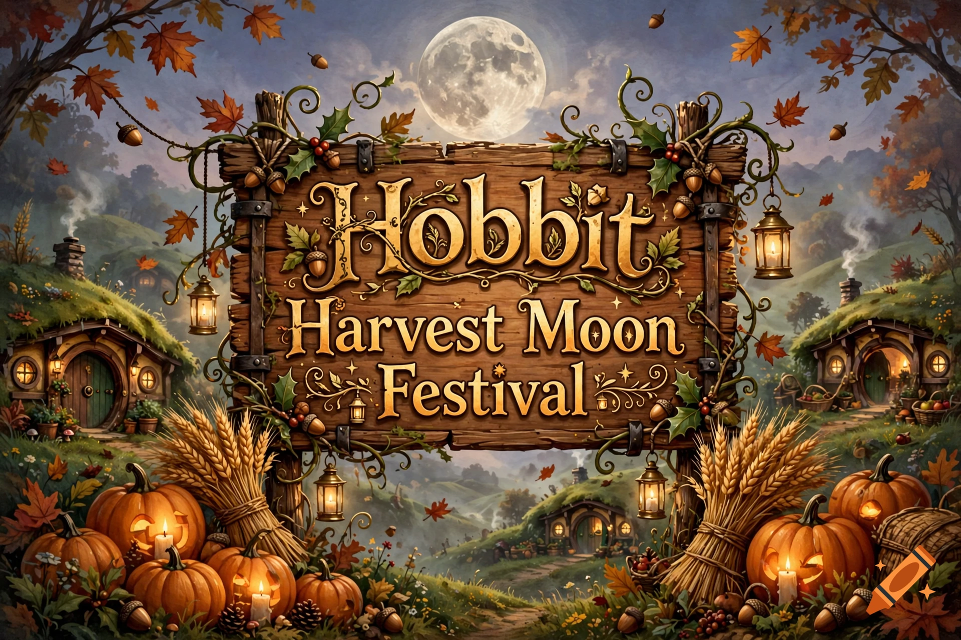 Wooden sign reading 'Hobbit Harvest Moon Festival' in an autumn landscape with pumpkins, lanterns, and hobbit holes.