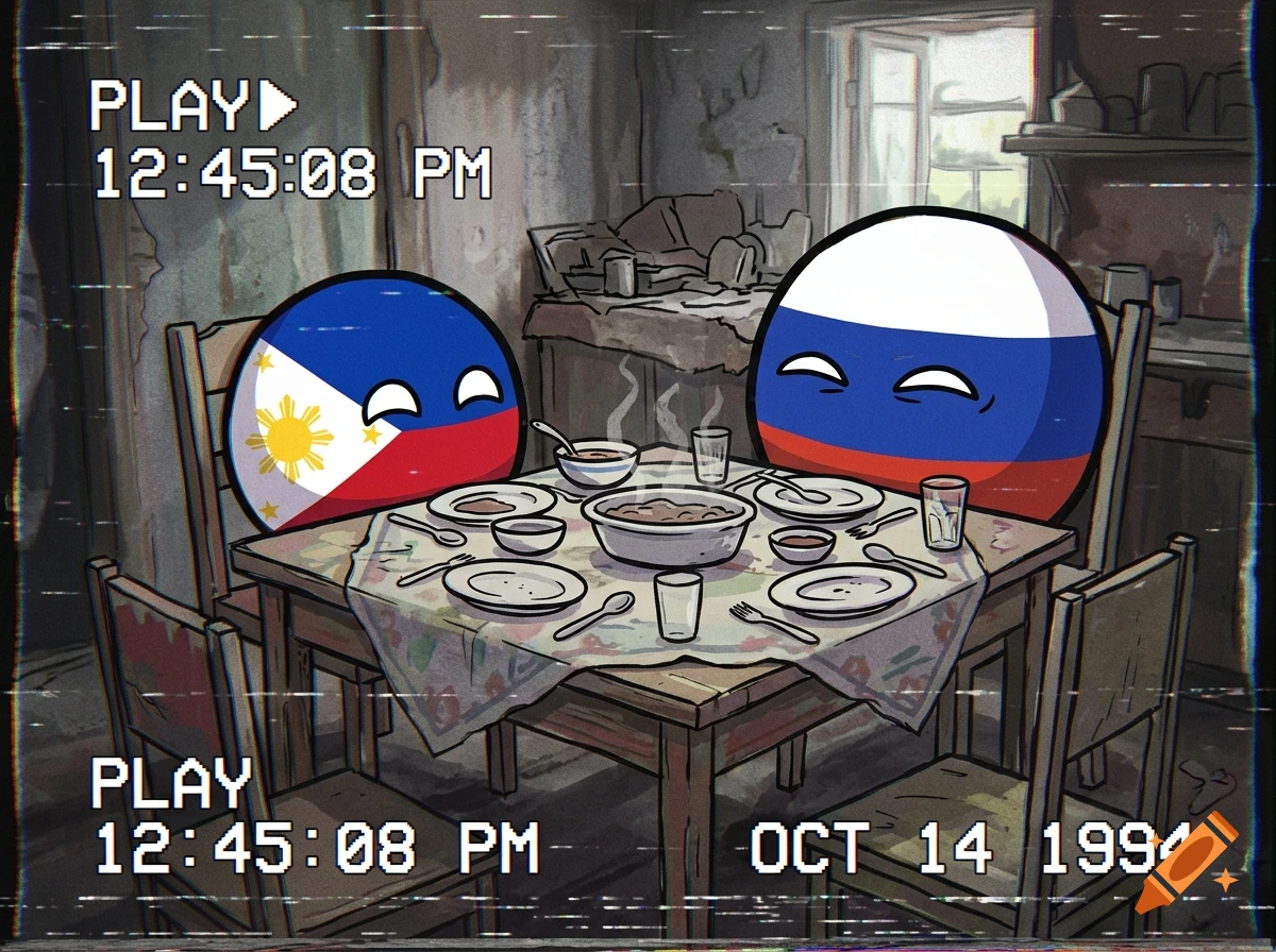 Countryballs of the Philippines and Russia sitting at a dining table in an old room, rendered in a VHS effect style.