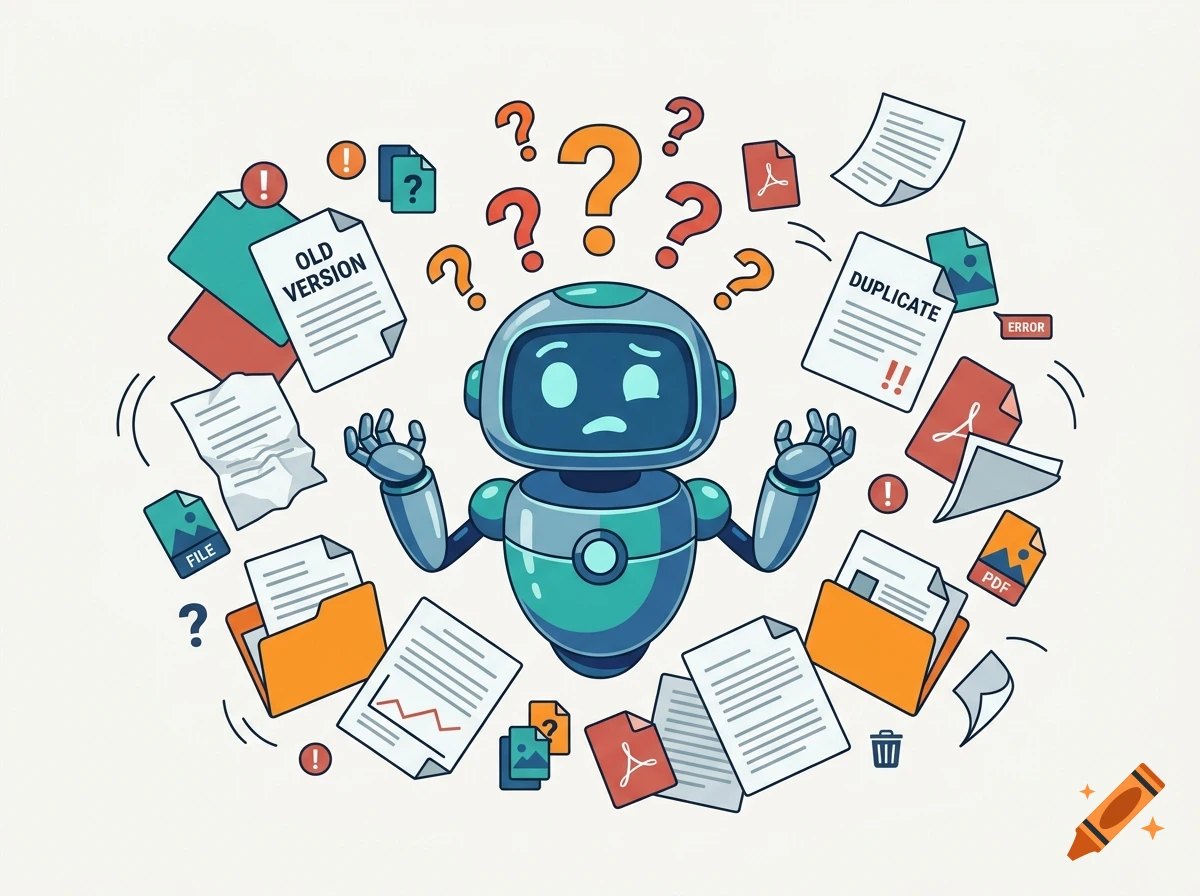 A cute blue and green robot surrounded by scattered papers and question marks, flat design illustration.