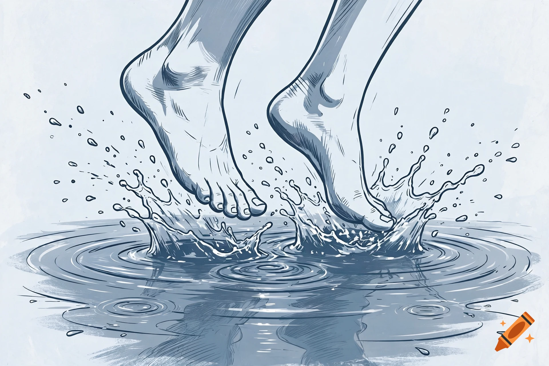 Line art illustration of bare feet splashing in a puddle, creating ripples and water droplets.