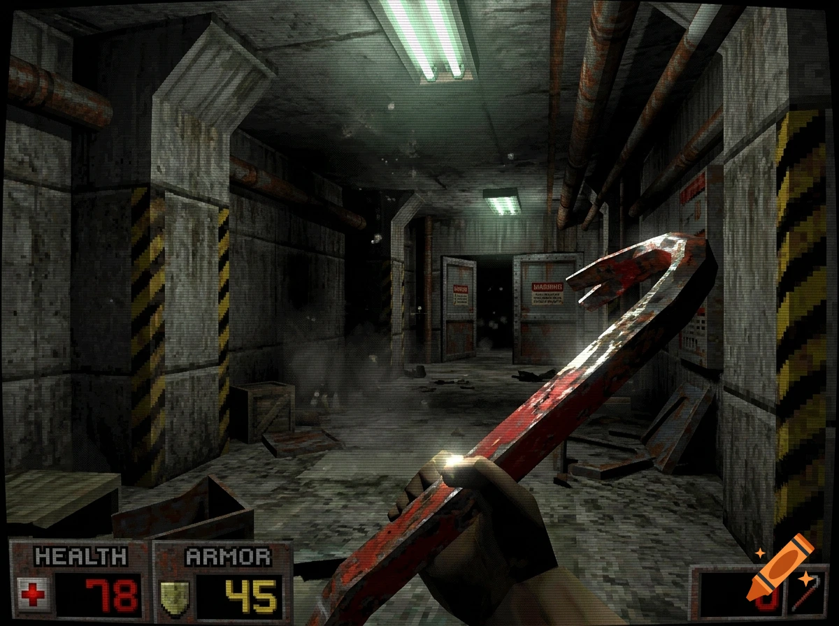 90s retro FPS first-person view of a character holding a bloody crowbar in a dark, industrial corridor.
