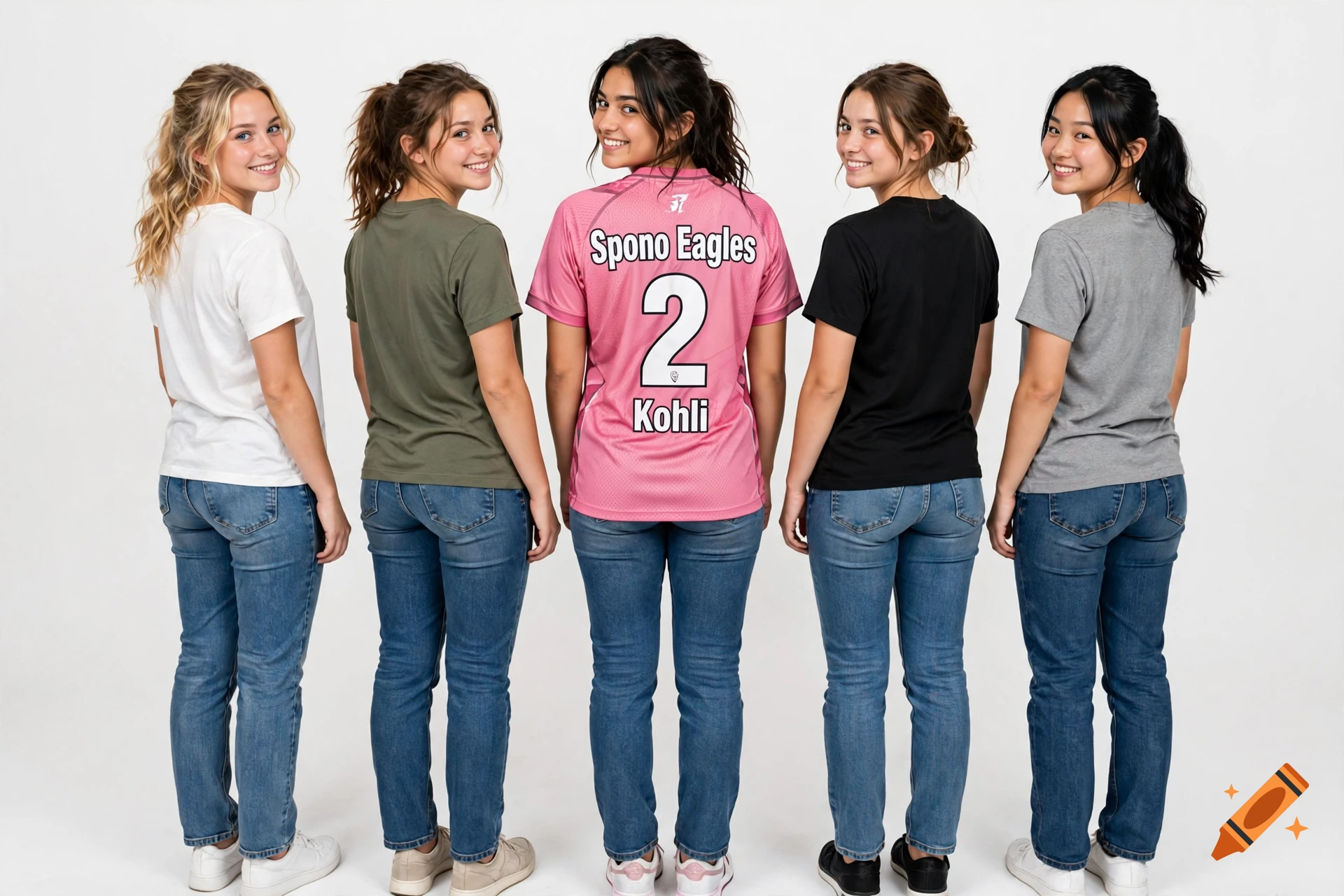 Five young women standing in a line facing away from the camera, looking back over their shoulders, wearing casual clothes and a pink sports jersey.