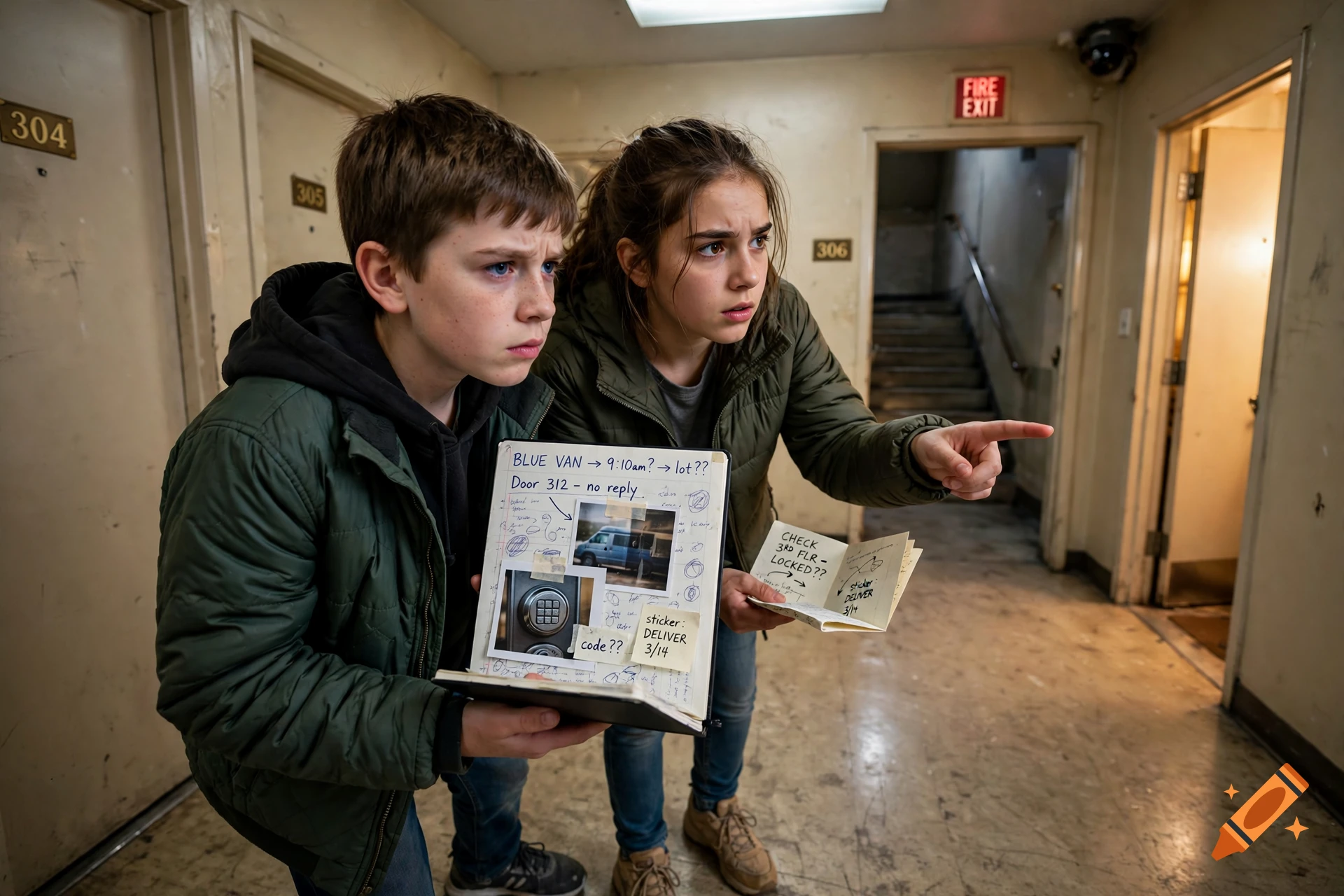 Photorealistic image of a boy and a girl in an apartment hallway, examining clues in a notebook and pointing.
