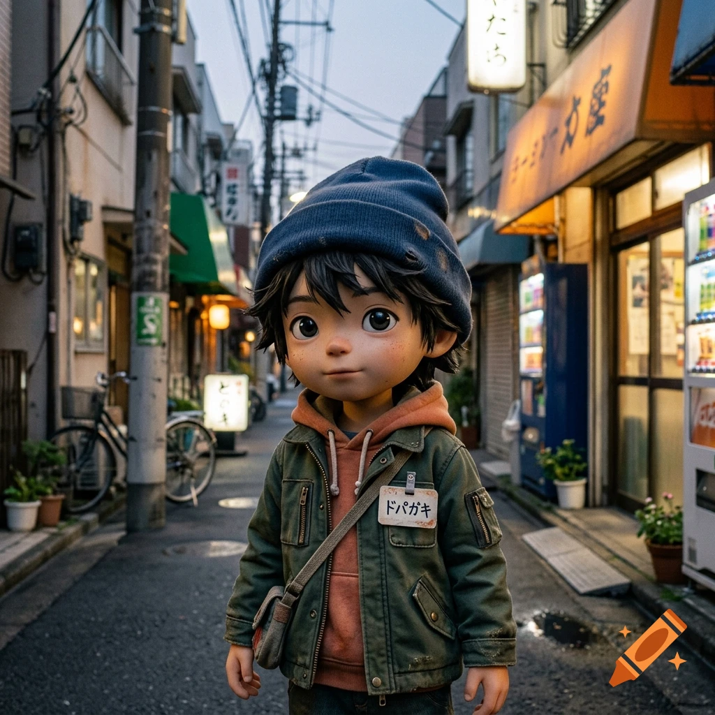 3D animated style character of a young boy wearing a beanie and jacket standing in a narrow Japanese alleyway.