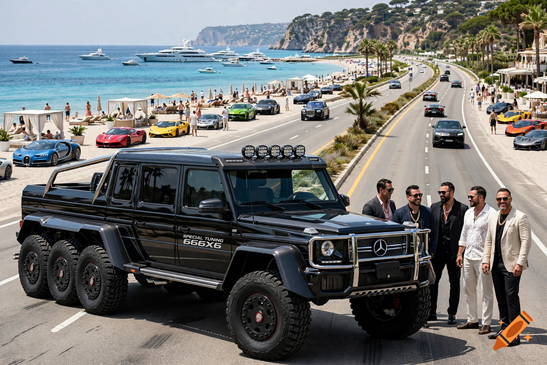 Photorealistic image of a custom black six-wheeled Mercedes-Benz SUV on a coastal road with luxury cars and people.