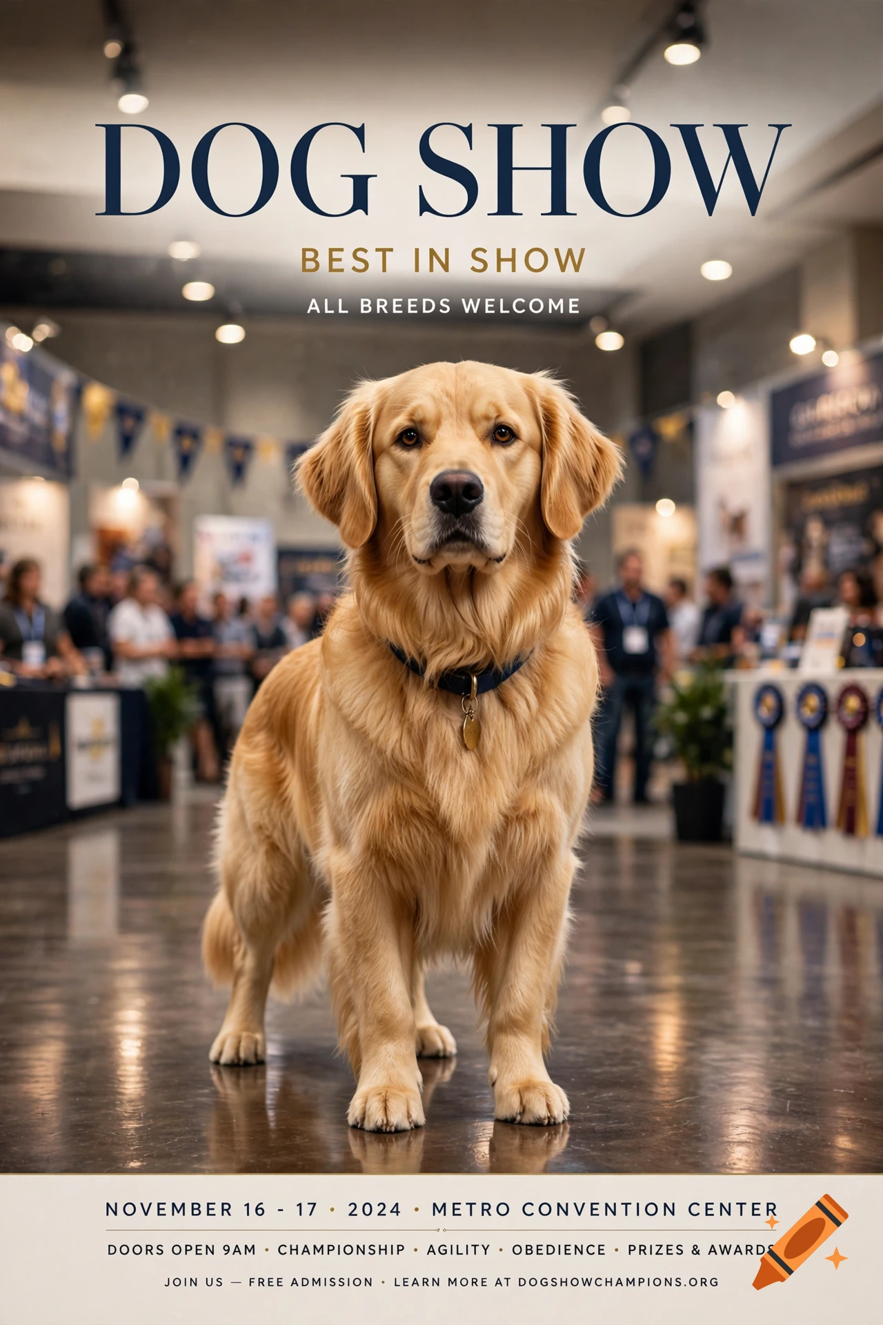 Photorealistic poster for a dog show featuring a golden retriever standing in a convention hall.