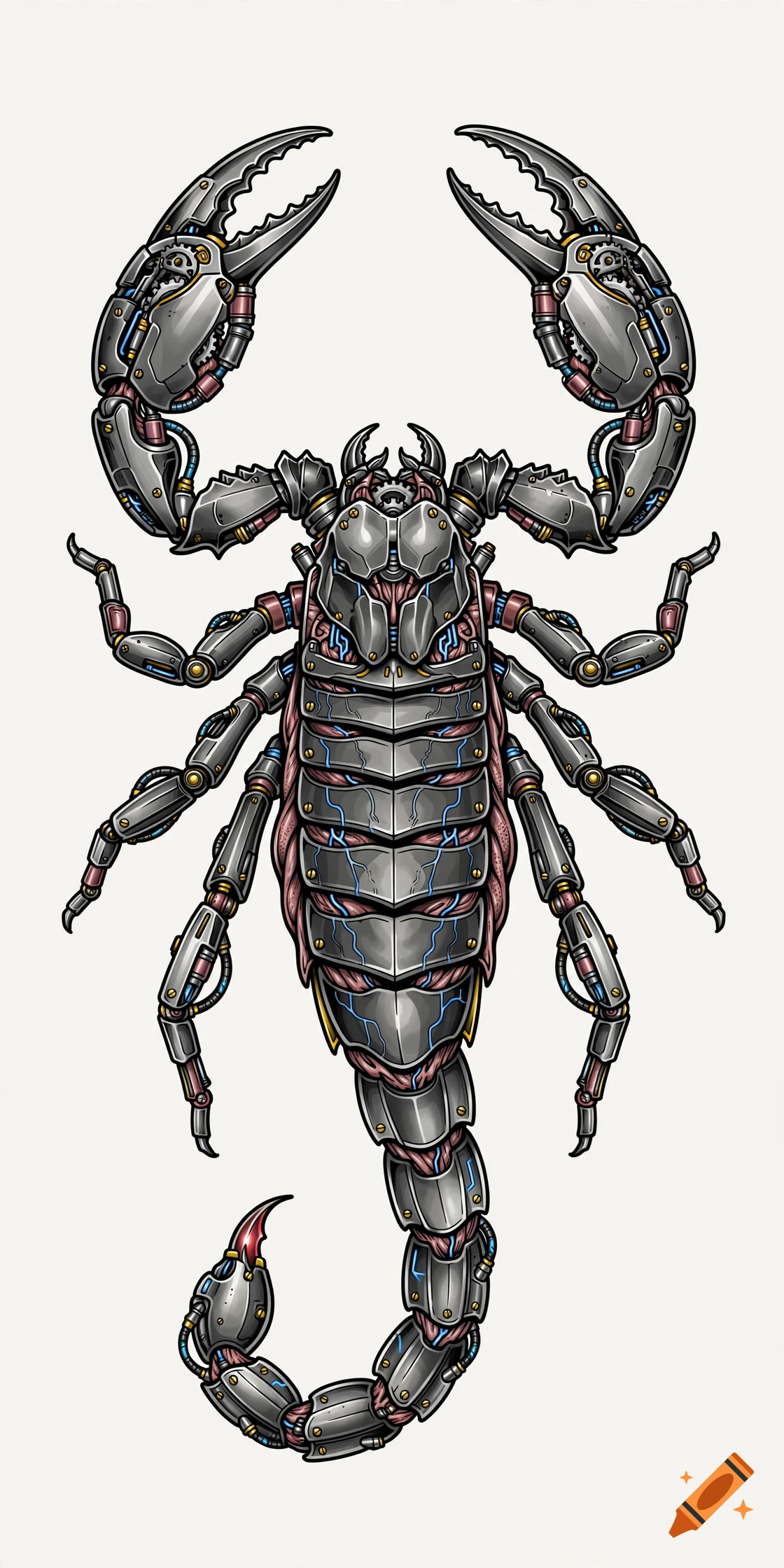 Biomechanical scorpion tattoo design with metallic plates, gears, and exposed biological tissue, illustrated in color.