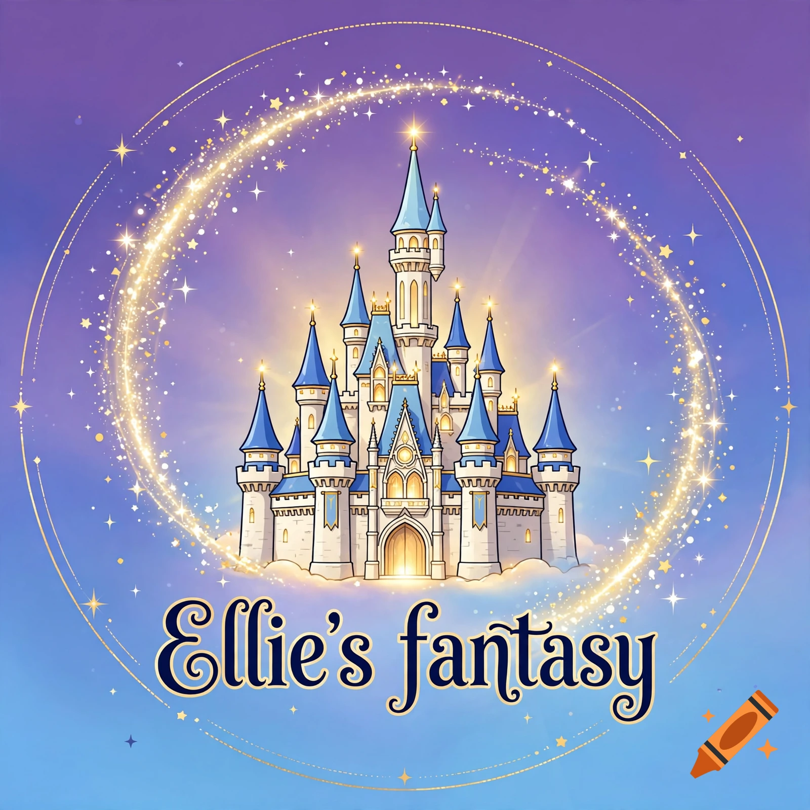 A circular Disney-style channel logo featuring a fairy tale castle with blue roofs surrounded by sparkling pixie dust and the text Ellie's fantasy.
