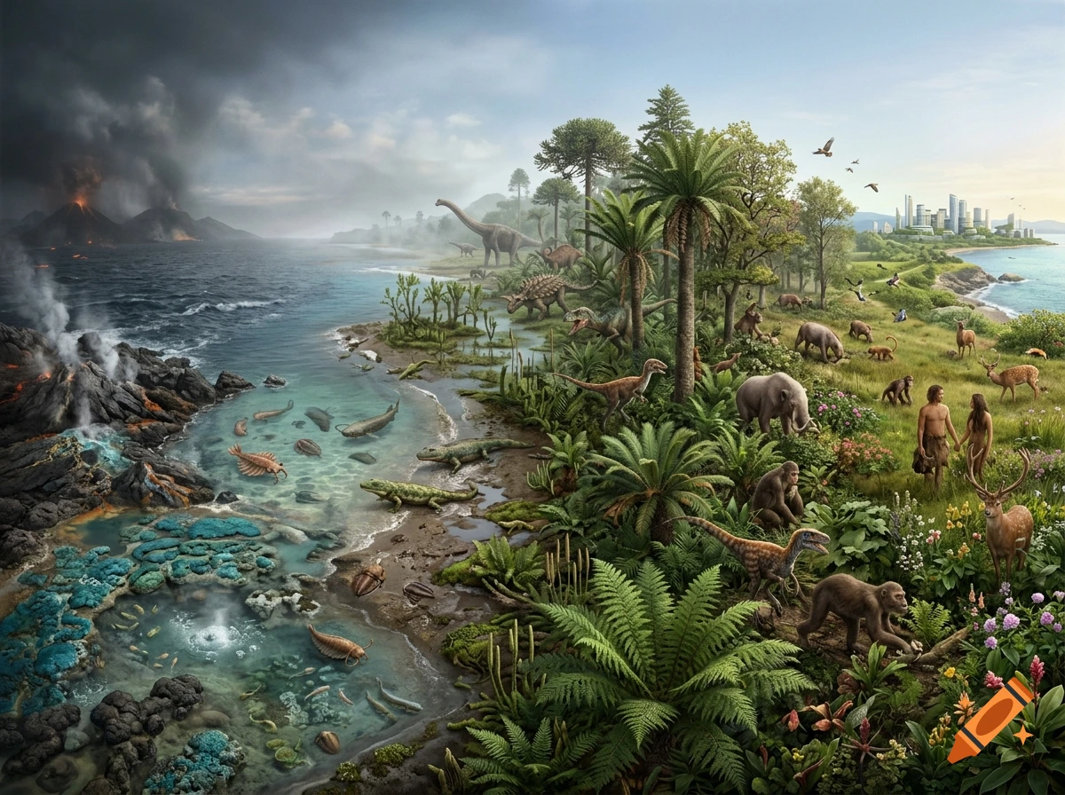 An illustrated panoramic view of Earth's evolution, transitioning from primordial seas with volcanoes and early life to dinosaurs, mammals, and a modern city on the coast.
