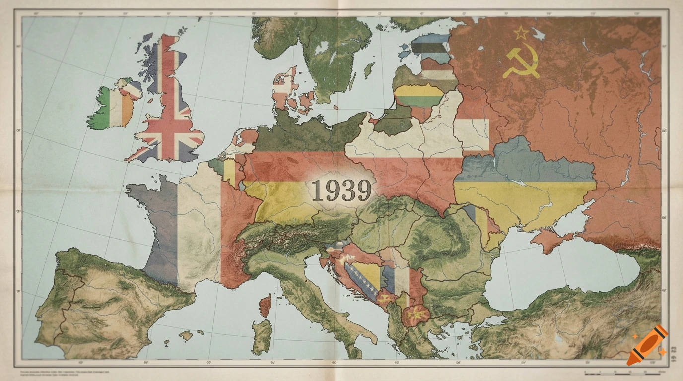 A stylized historical map of Europe overlaid with national flags, featuring the year 1939 in the center.