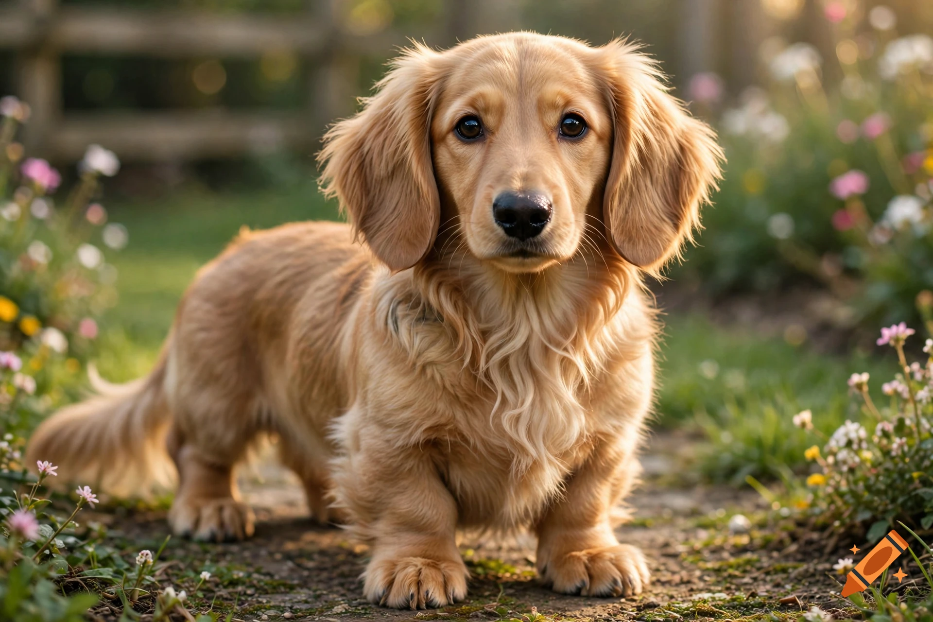 Photorealistic image of a fluffy golden dachshund puppy standing in a grassy garden.