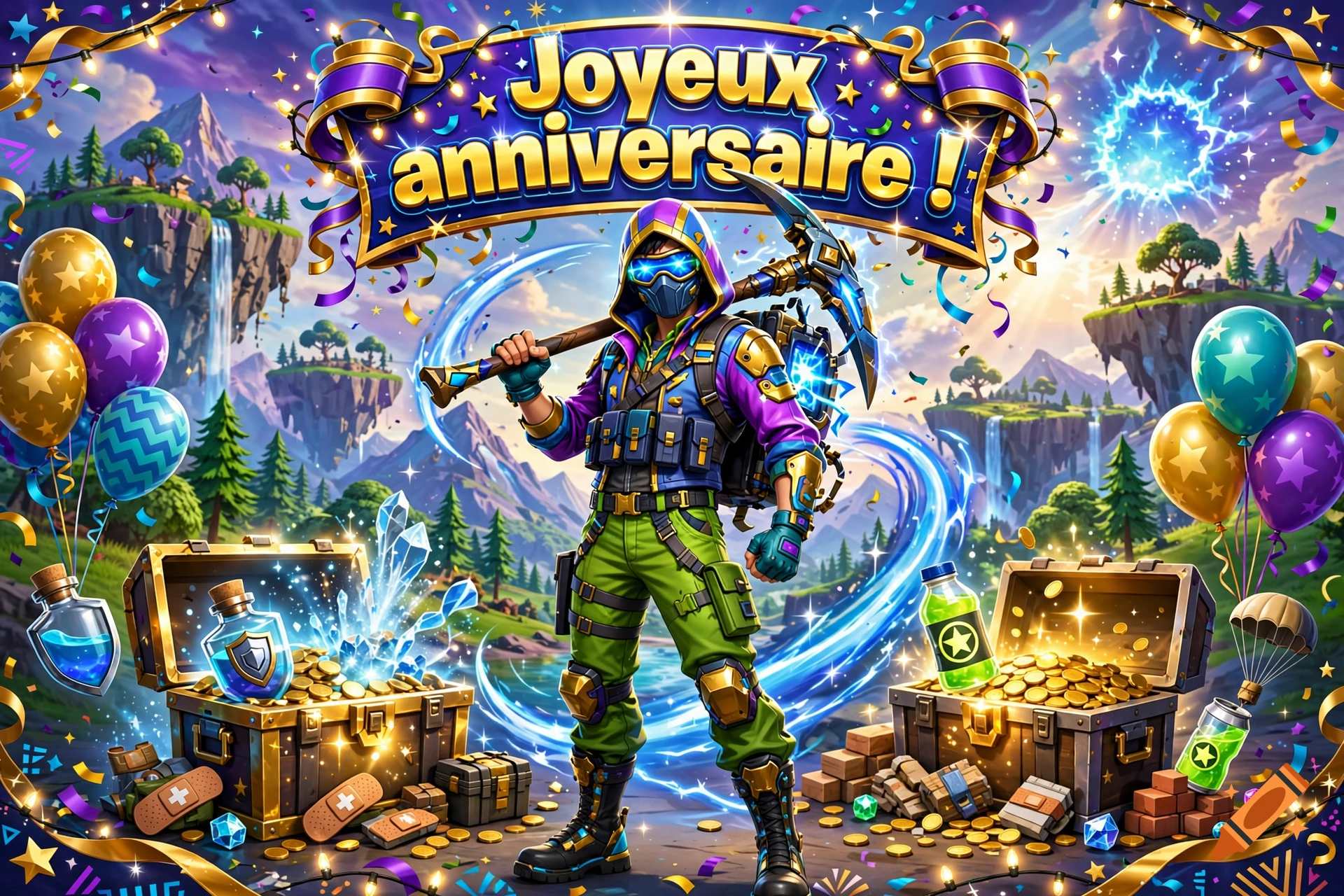 A colorful birthday-themed fantasy illustration featuring a character in armor holding a pickaxe, surrounded by treasure chests, balloons, and floating islands, with the text "Joyeux anniversaire !" at the top.