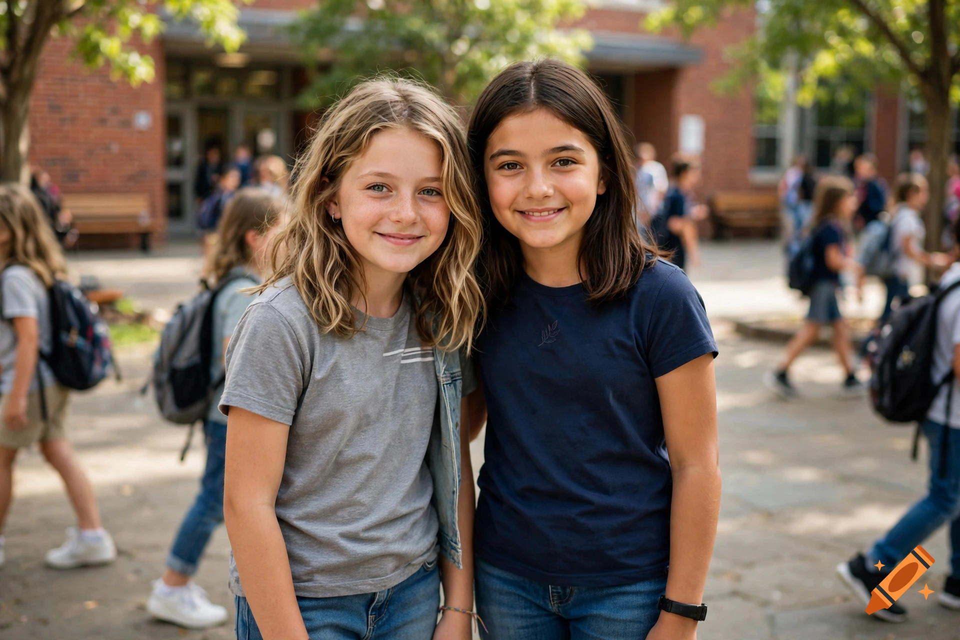 Two smiling girls posing outdoors in a schoolyard with other students and a brick building in the background.