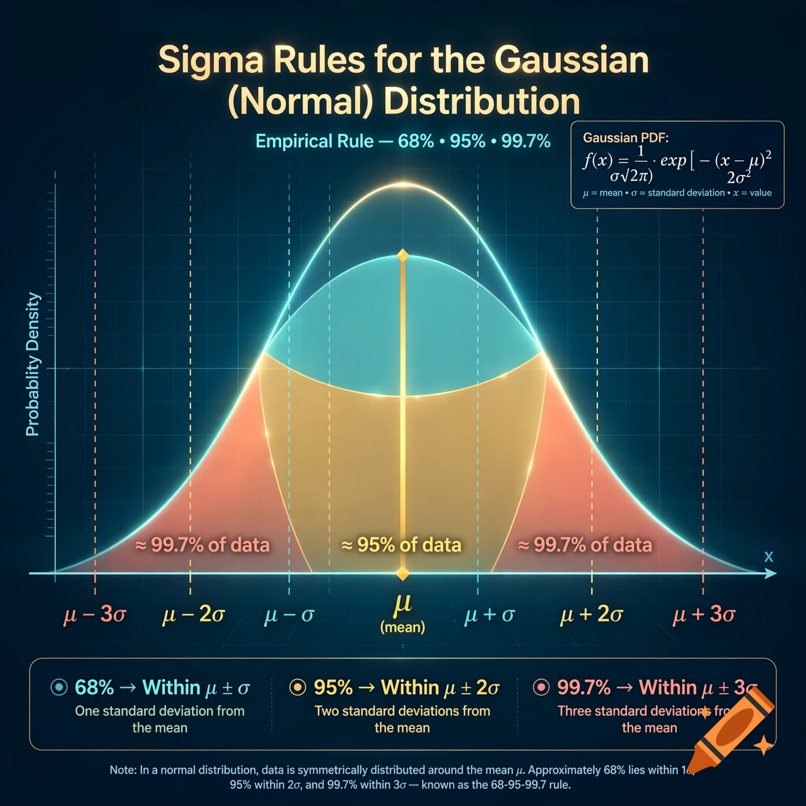An educational infographic illustrating the sigma rules for a Gaussian normal distribution curve.