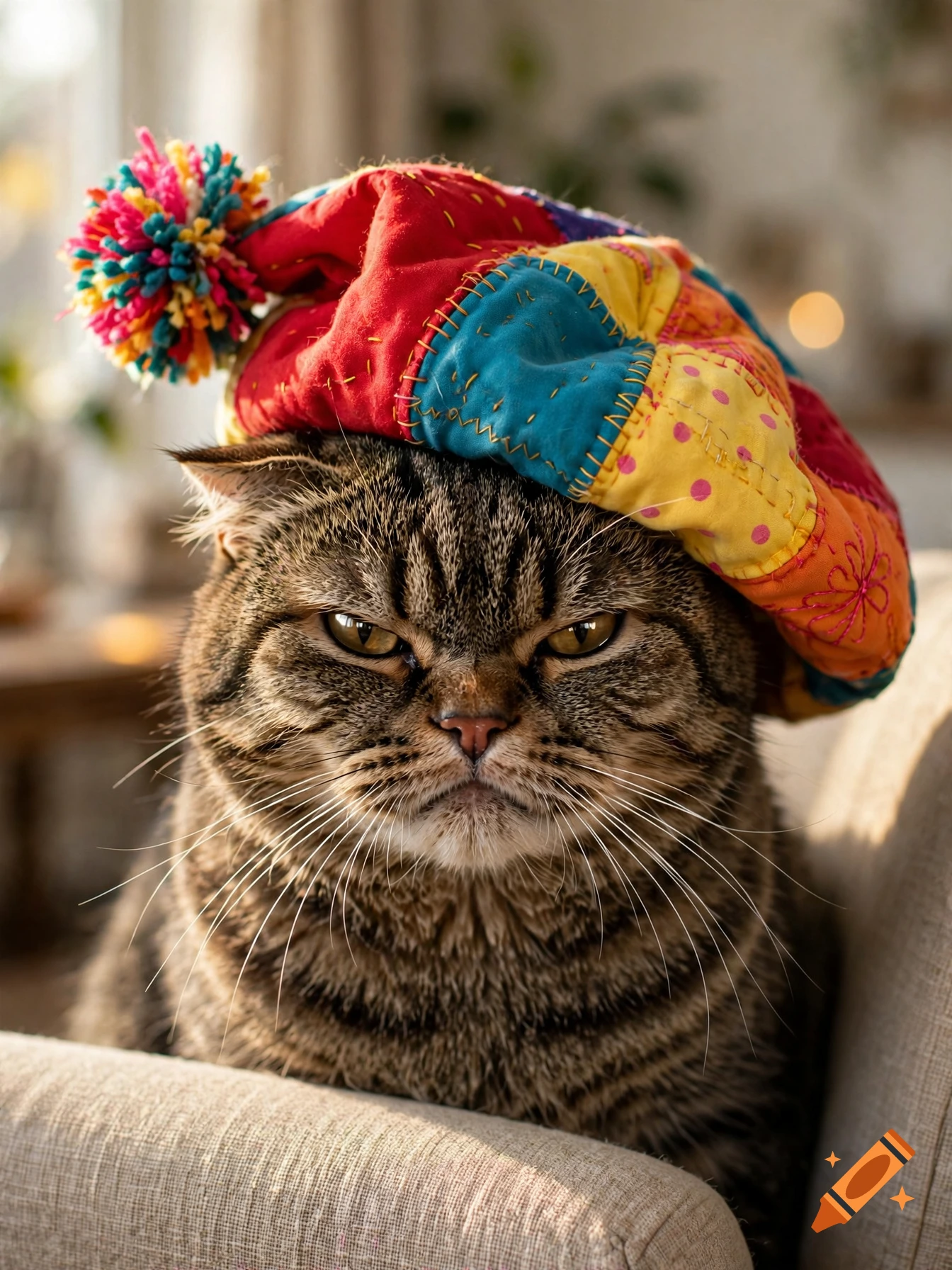 A grumpy-looking tabby cat sitting on a couch wearing a colorful quilted hat with a pom-pom.